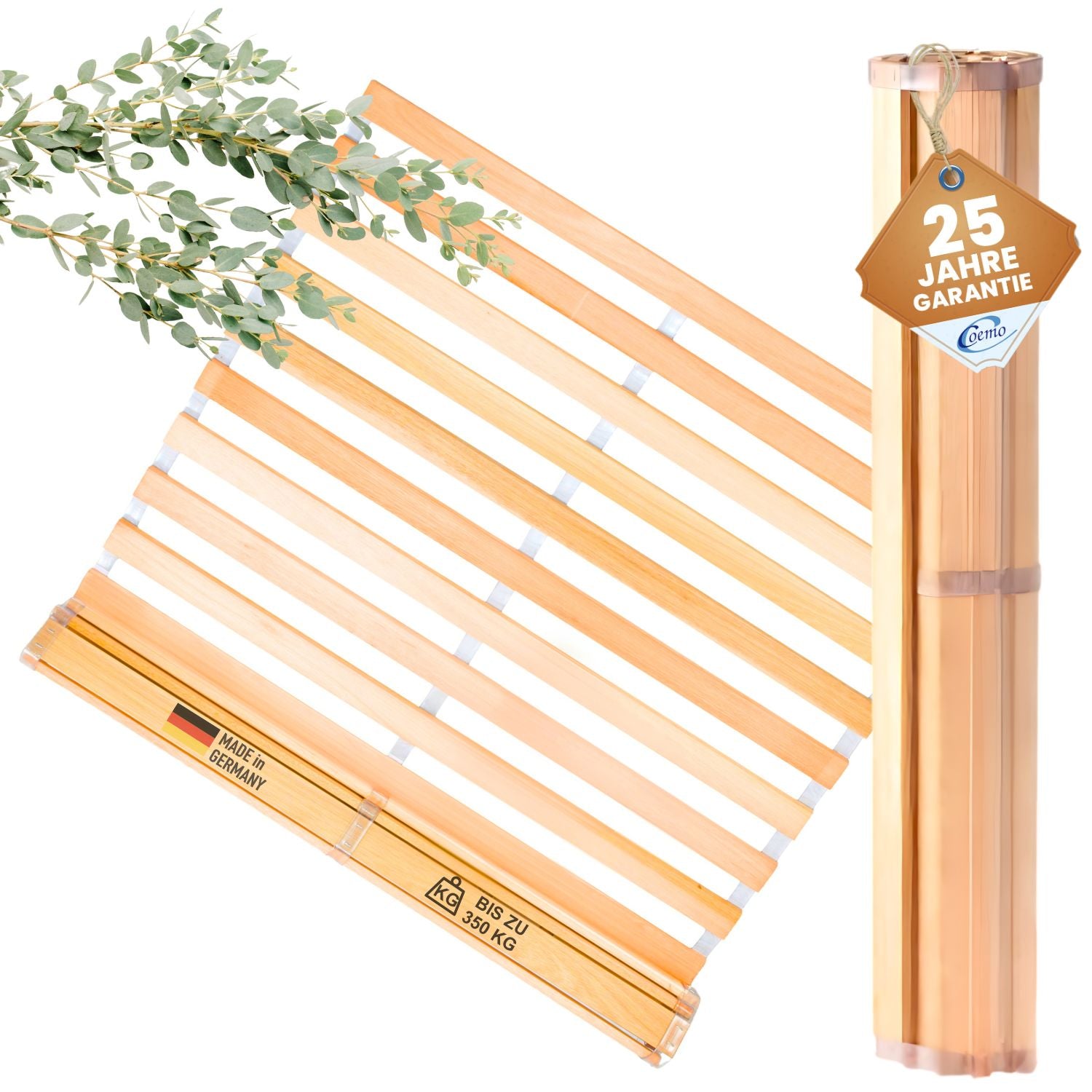 Coemo Premium Rollrost DELUXE Belastbar bis 350 kg – Ohne Montage & absolut rutschsicher - Made in Germany - Roll-Lattenrost Vollholz mit Abstandshaltern
