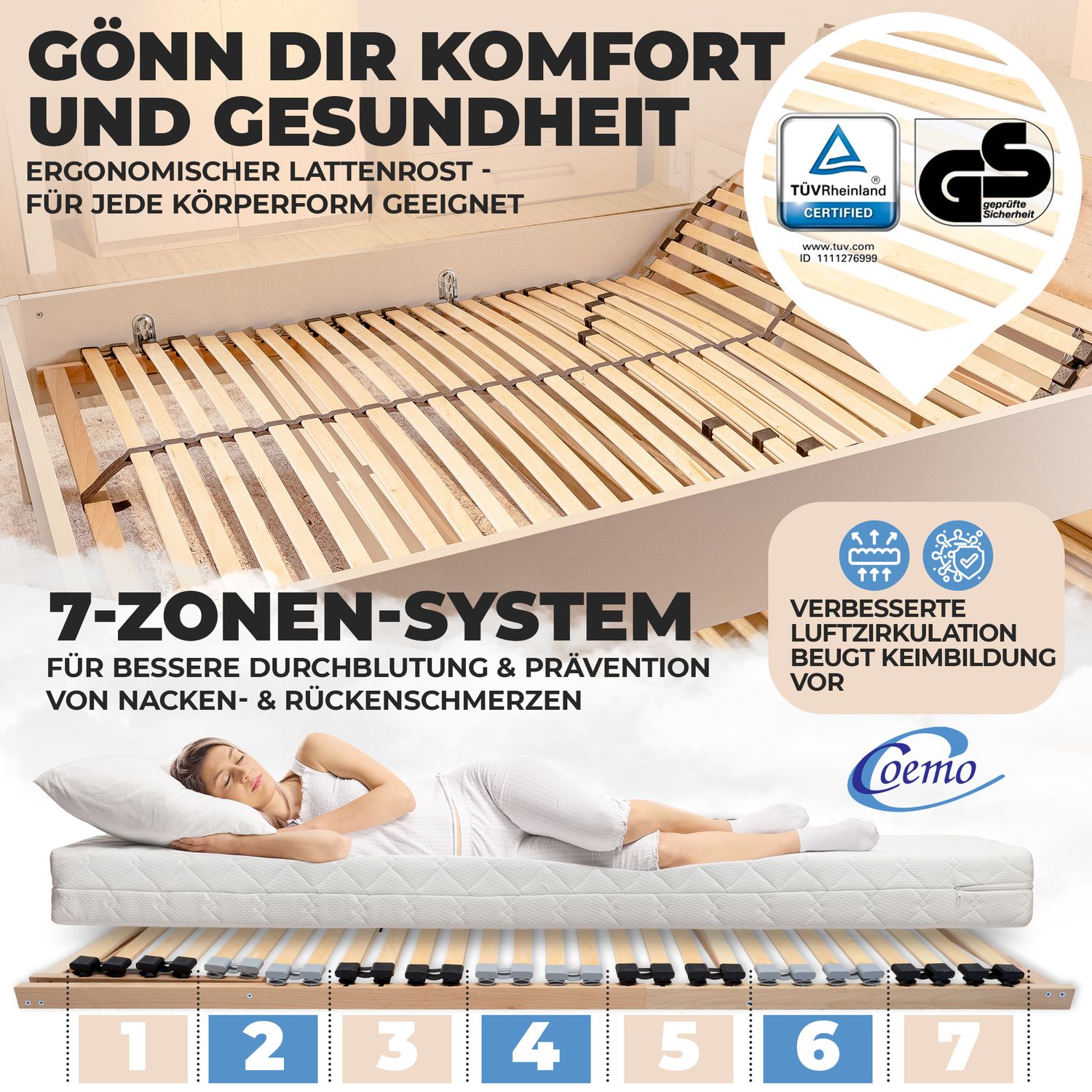 Coemo 7-Zonen Lattenrost ERGO K 120 x190 verstellbar Kopfteil & Härtegrad verstellbar 26 Leisten