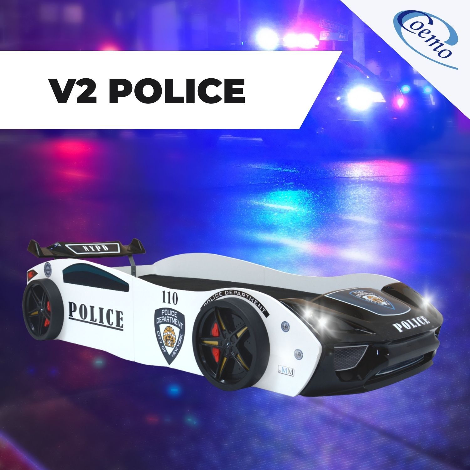 Coemo Autobett V2 POLICE Kinderbett 90 x 200 weiß mit Spoiler und Lattenrost