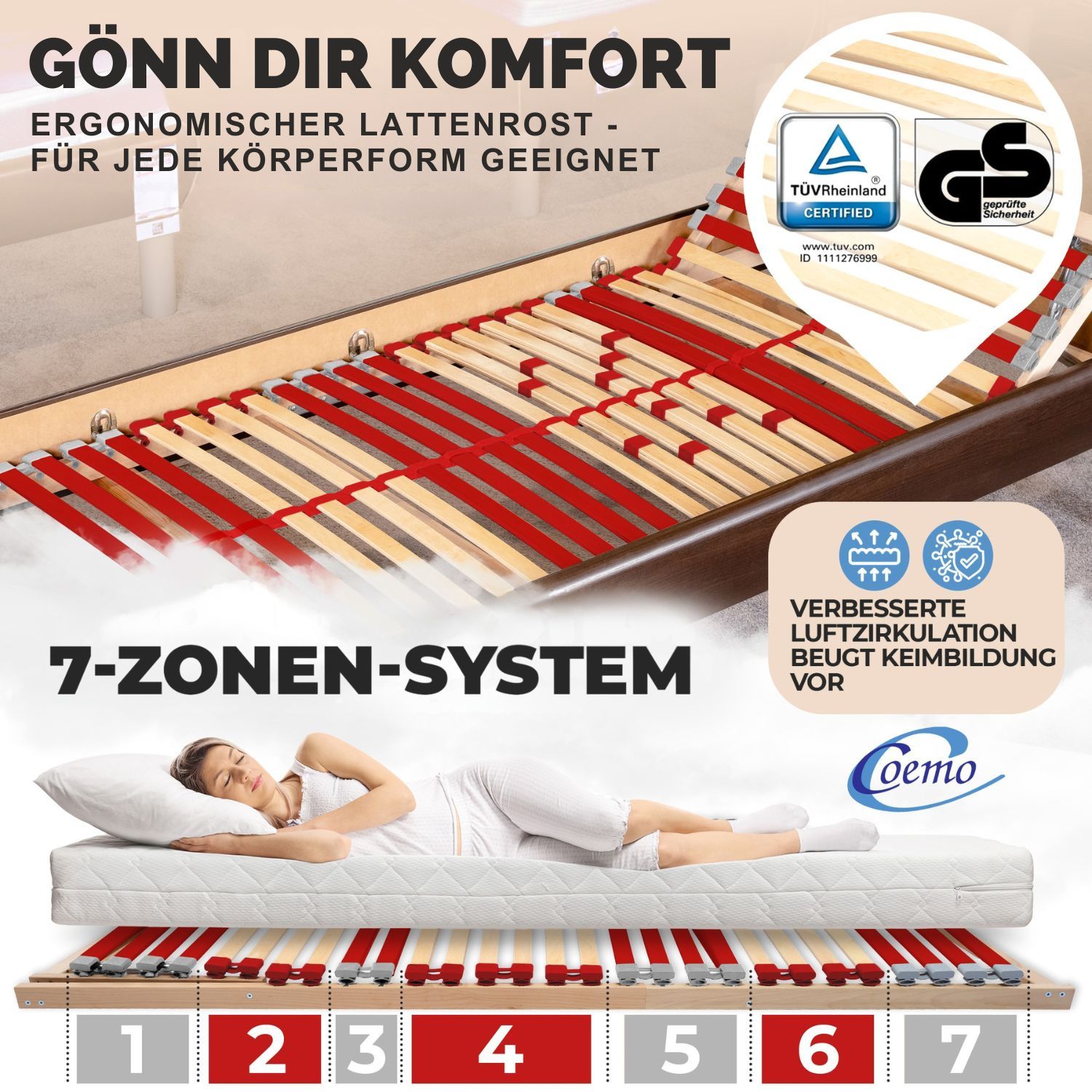 Coemo Lattenrost "RUBY" Härtegrad verstellbar 28 Leisten & 7 Zonen