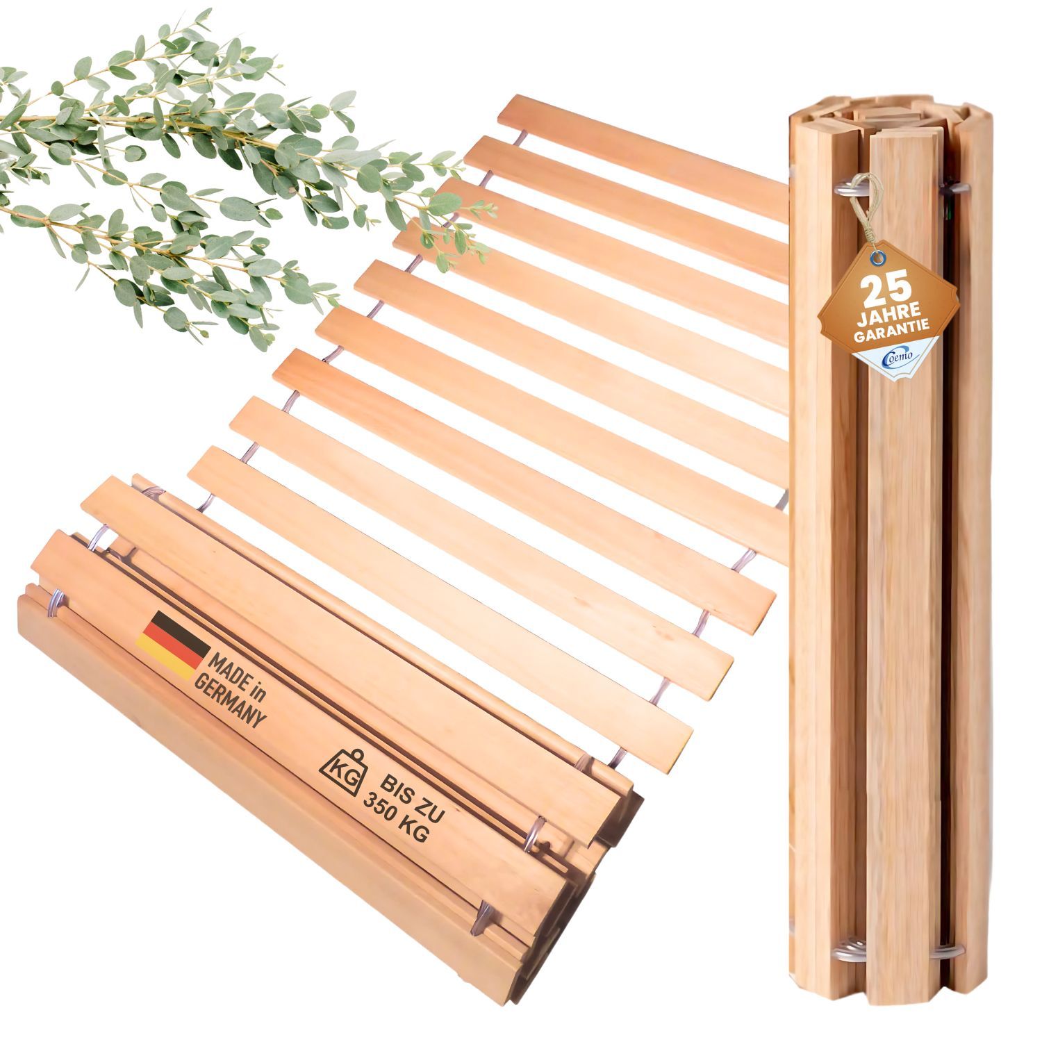 Coemo Premium Rollrost DELUXE Belastbar bis 350 kg – Ohne Montage & absolut rutschsicher - Made in Germany - Roll-Lattenrost Vollholz mit Abstandshaltern