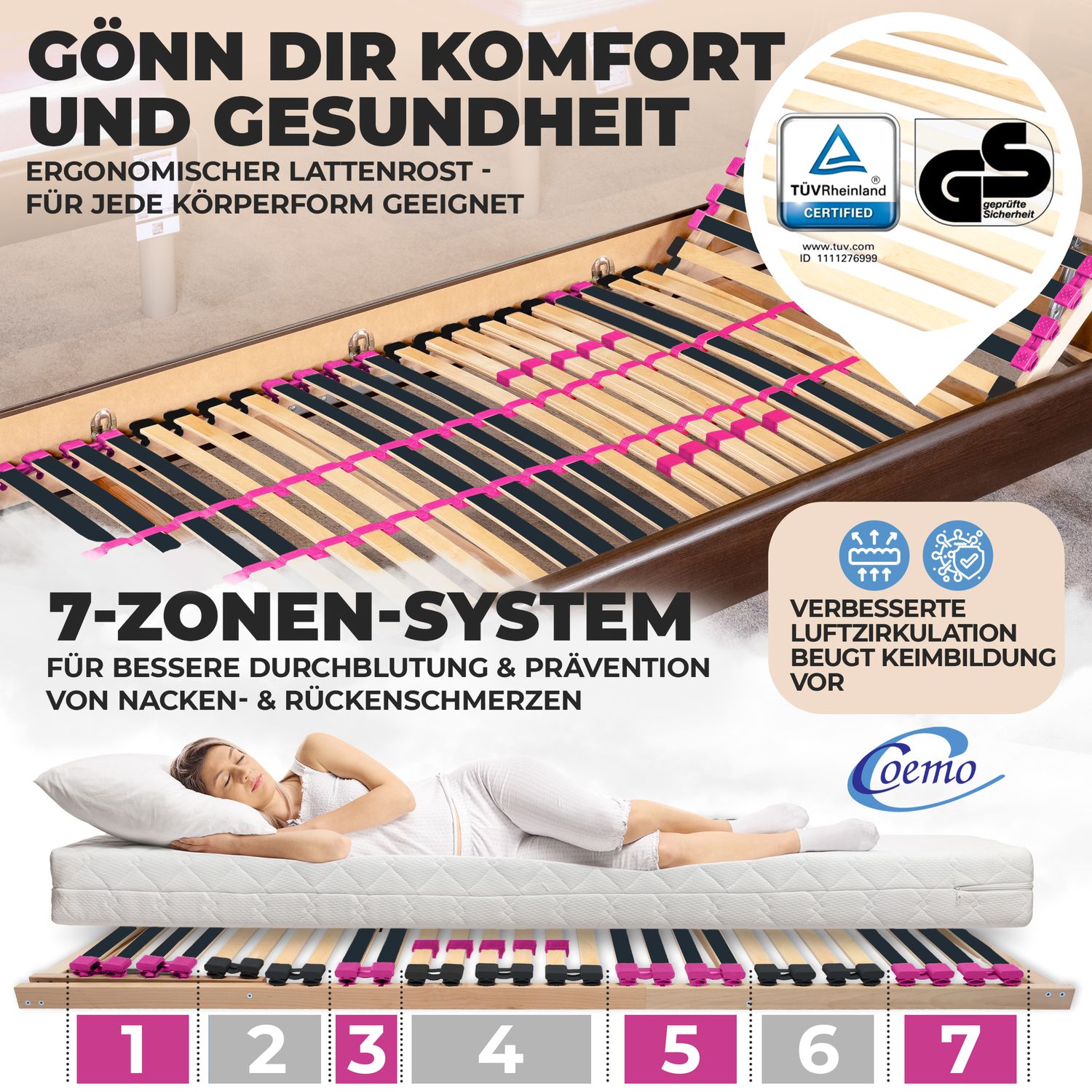 Coemo Lattenrost "PINK DREAM" Härtegrad verstellbar 28 Leisten 7-Zonen