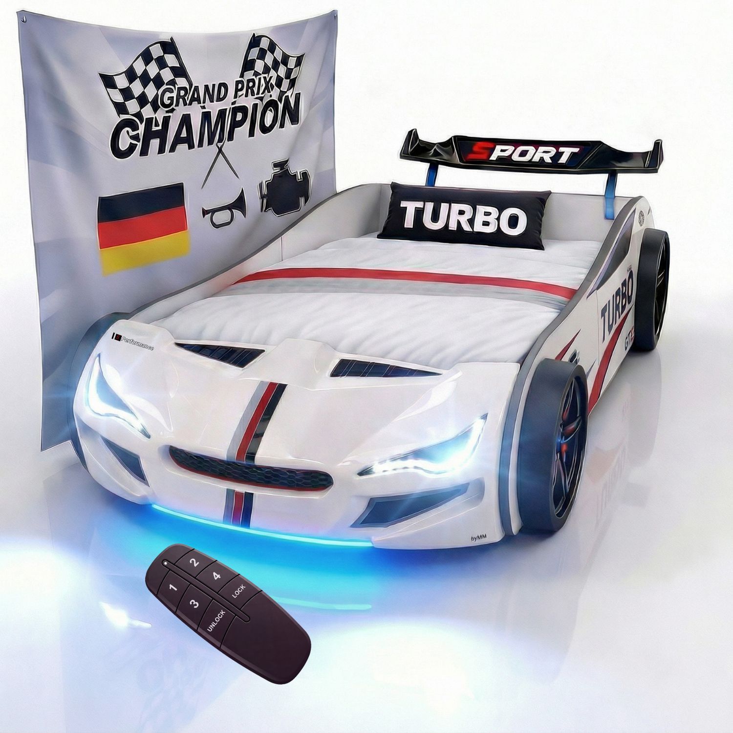 Autobett GTE Kinderbett 90 x 200 im Rennwagen Design mit Lattenrost, Licht & Motorengeräuschen