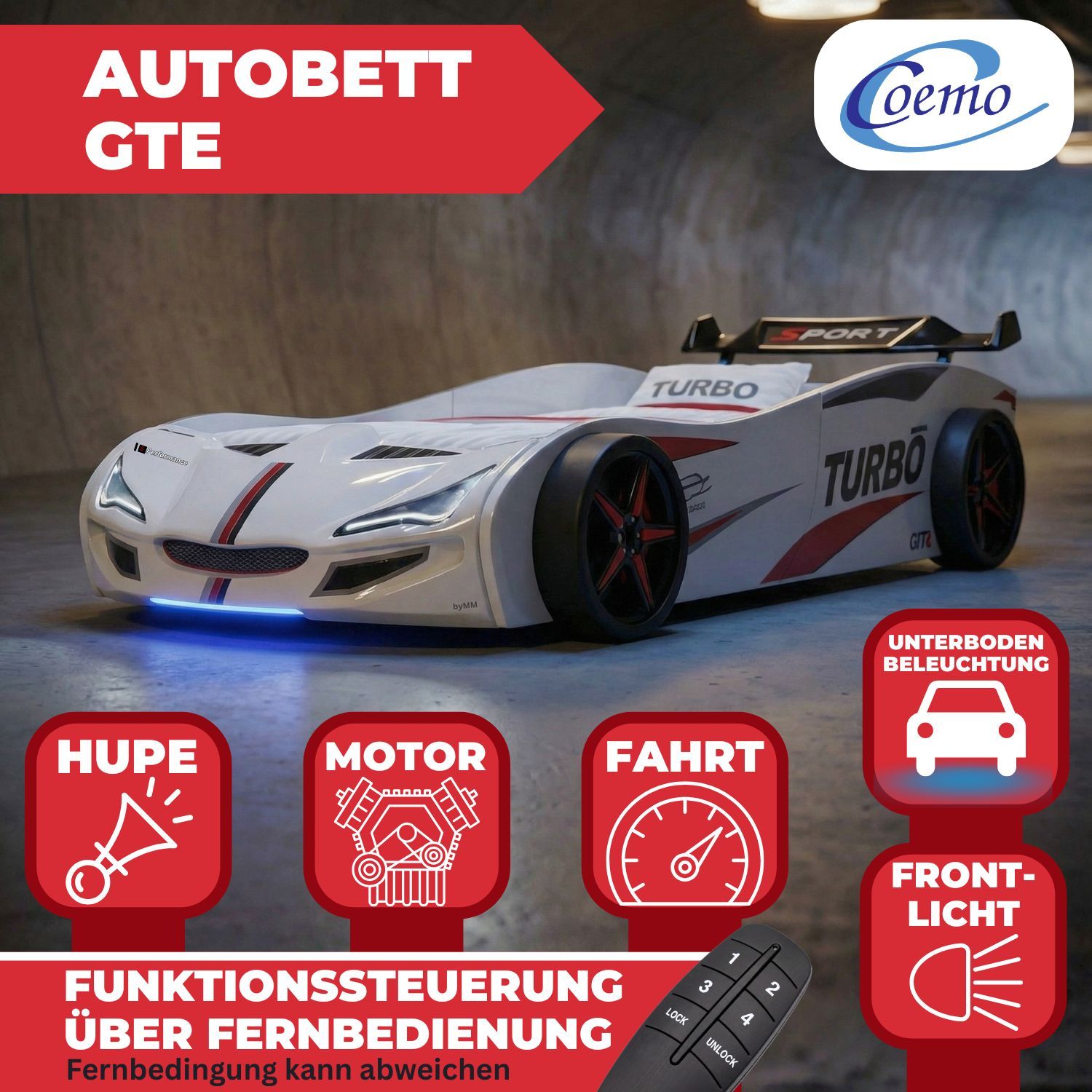 Autobett GTE Kinderbett 90 x 200 im Rennwagen Design mit Lattenrost, Licht & Motorengeräuschen