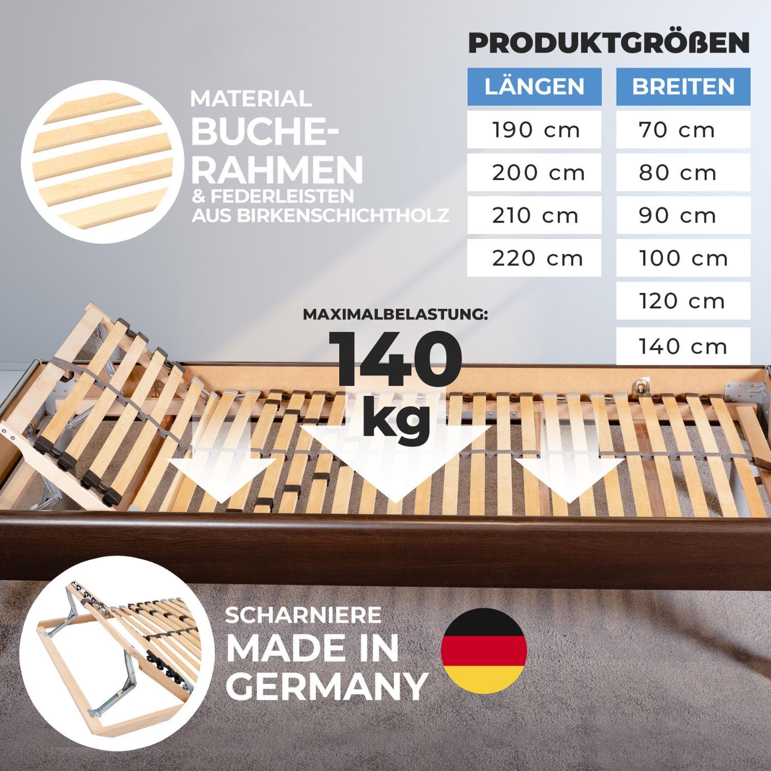 Coemo 7-Zonen Lattenrost ERGO K 90 x200 cm Kopfteil verstellbar Mittelband mit Härtegradverstellung