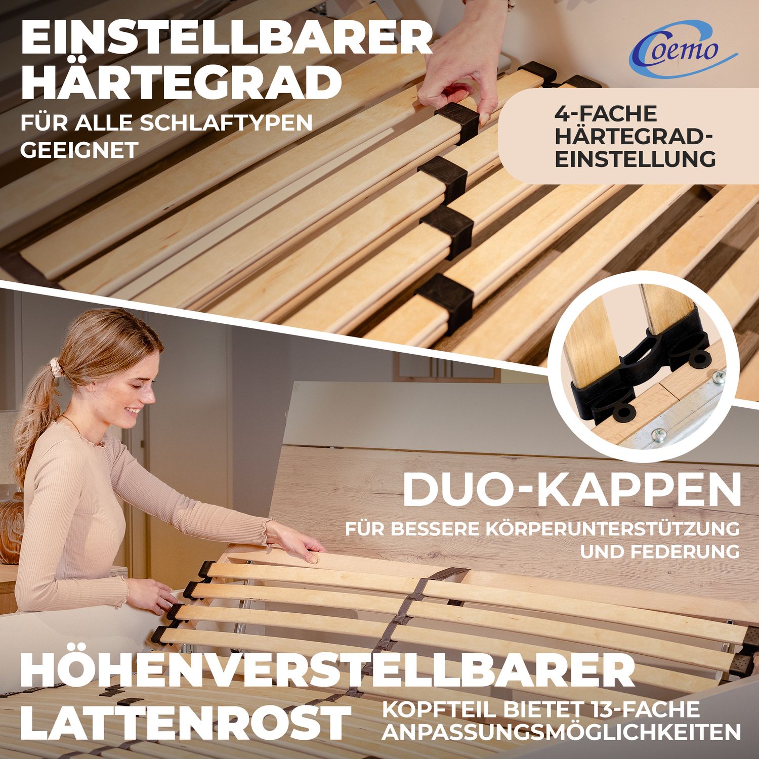 Coemo 7-Zonen Lattenrost ERGO K 120x190 verstellbar Kopfteil & Härtegrad verstellbar 26 Leisten