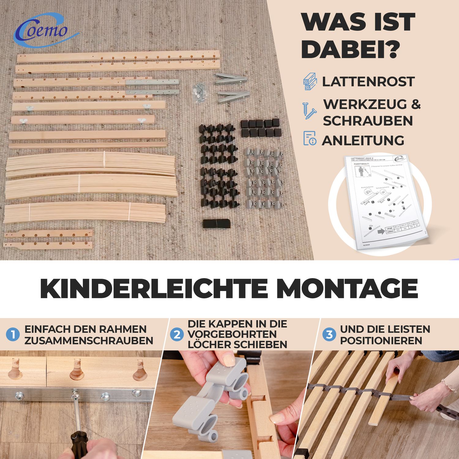 Coemo 7-Zonen Lattenrost ERGO K 120 x210 cm verstellbar Kopfteil & Härtegrad verstellbar 30 Leisten