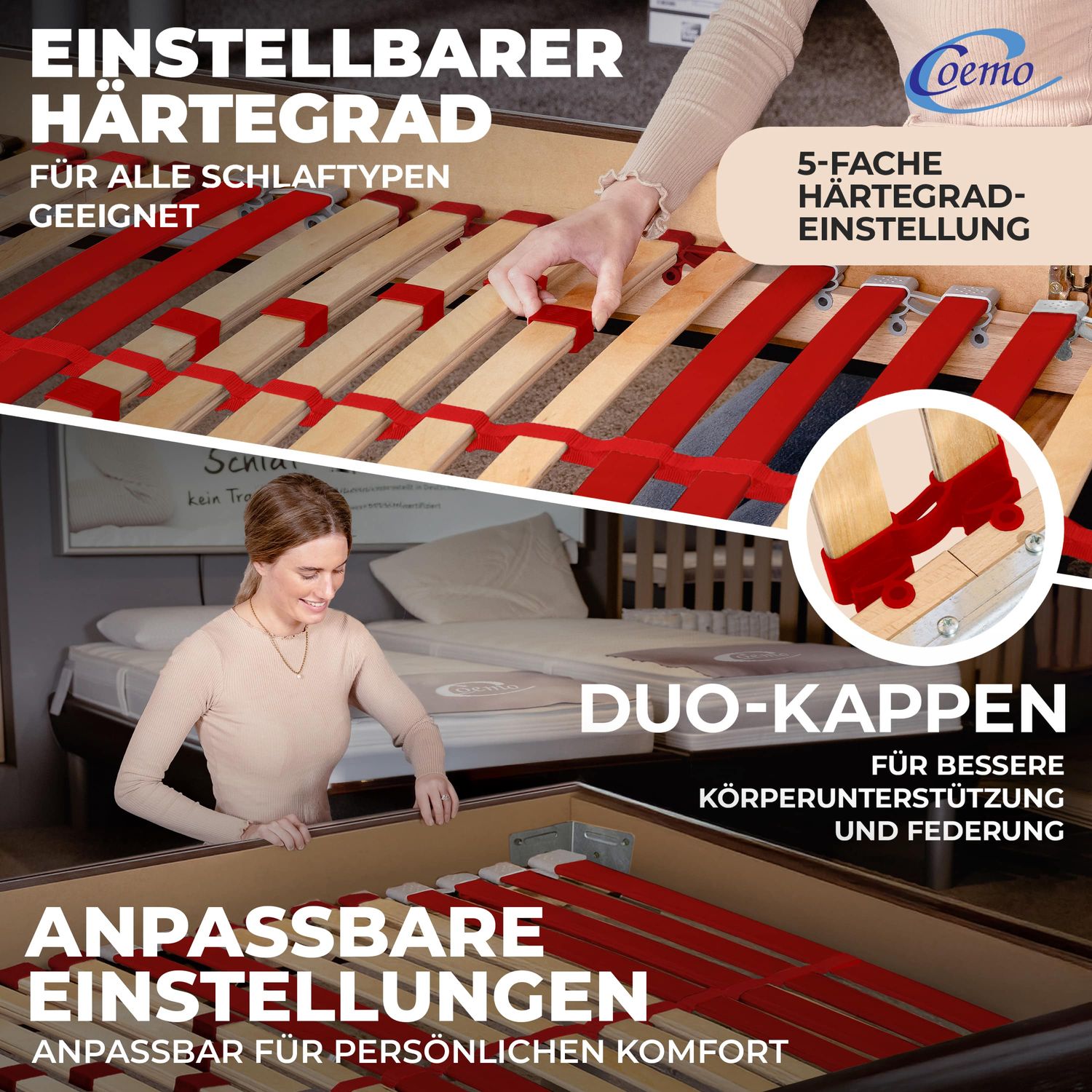 Coemo Lattenrost "RUBY" Härtegrad verstellbar 28 Leisten & 7 Zonen