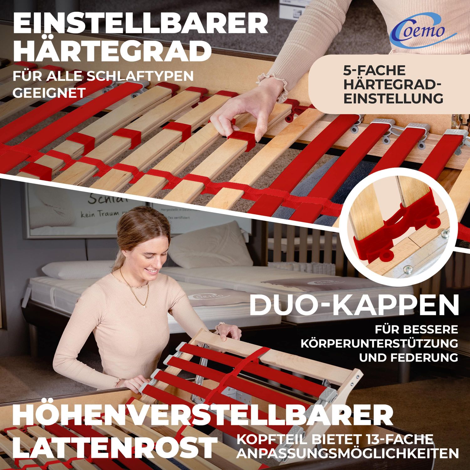Coemo Lattenrost "RUBY" Härtegrad verstellbar 28 Leisten & 7 Zonen