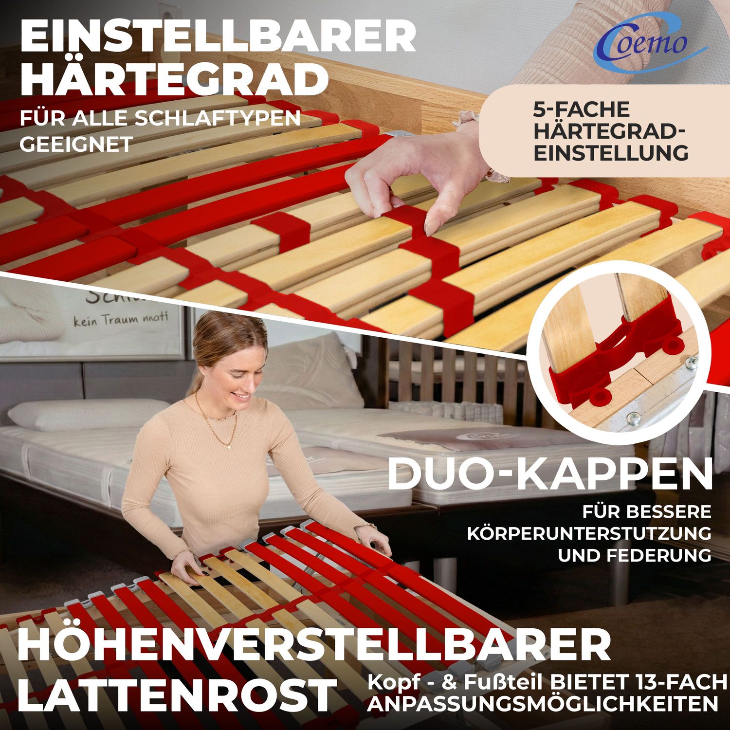 Coemo Lattenrost "RUBY" Härtegrad verstellbar 28 Leisten & 7 Zonen