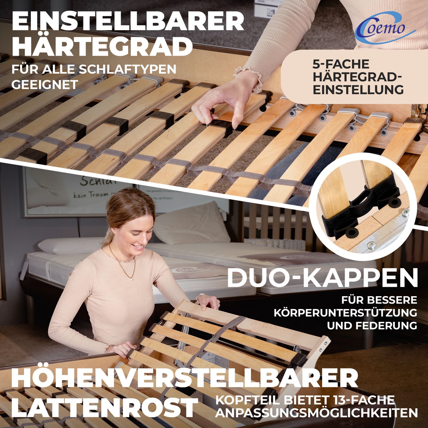 Coemo 2er Set Lattenrost "ERGO" für Doppelbett 7-Zonen Kopfteil verstellbar - Partnetset