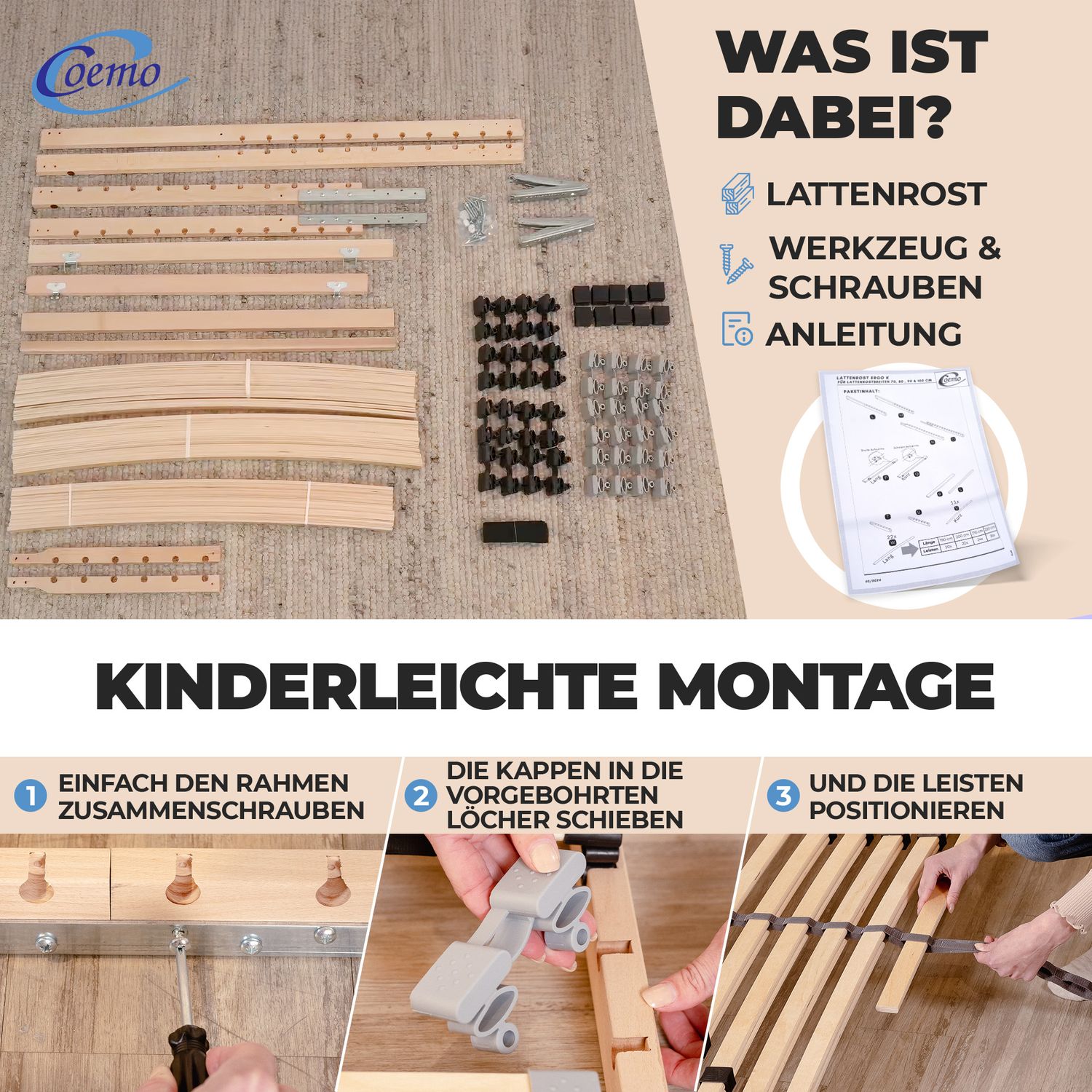 Coemo 2er Set Lattenrost "ERGO" für Doppelbett 7-Zonen Kopfteil verstellbar - Partnetset