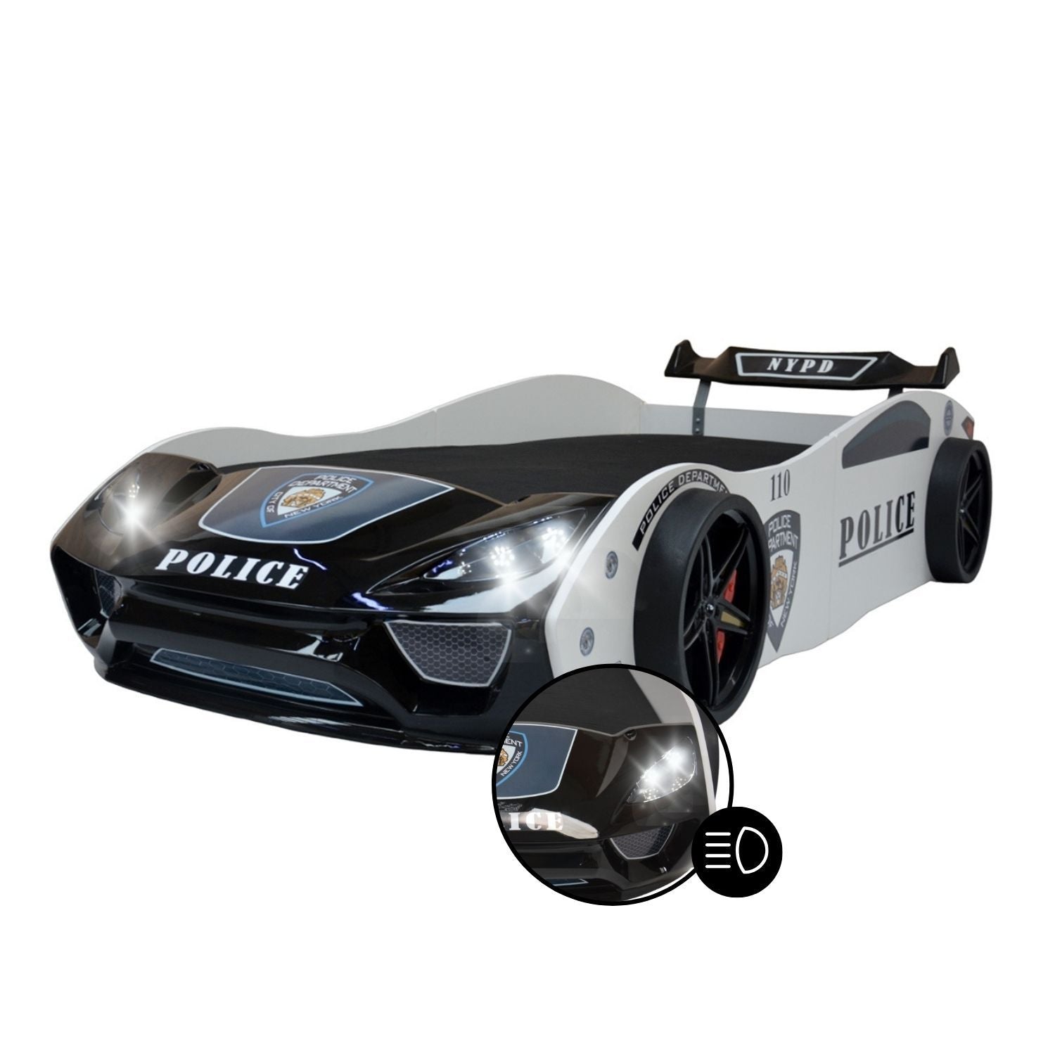 B-Ware Autobett POLICE Kinderbett 90x200 weiß inkl Spoiler, LED-Licht, Lattenrost