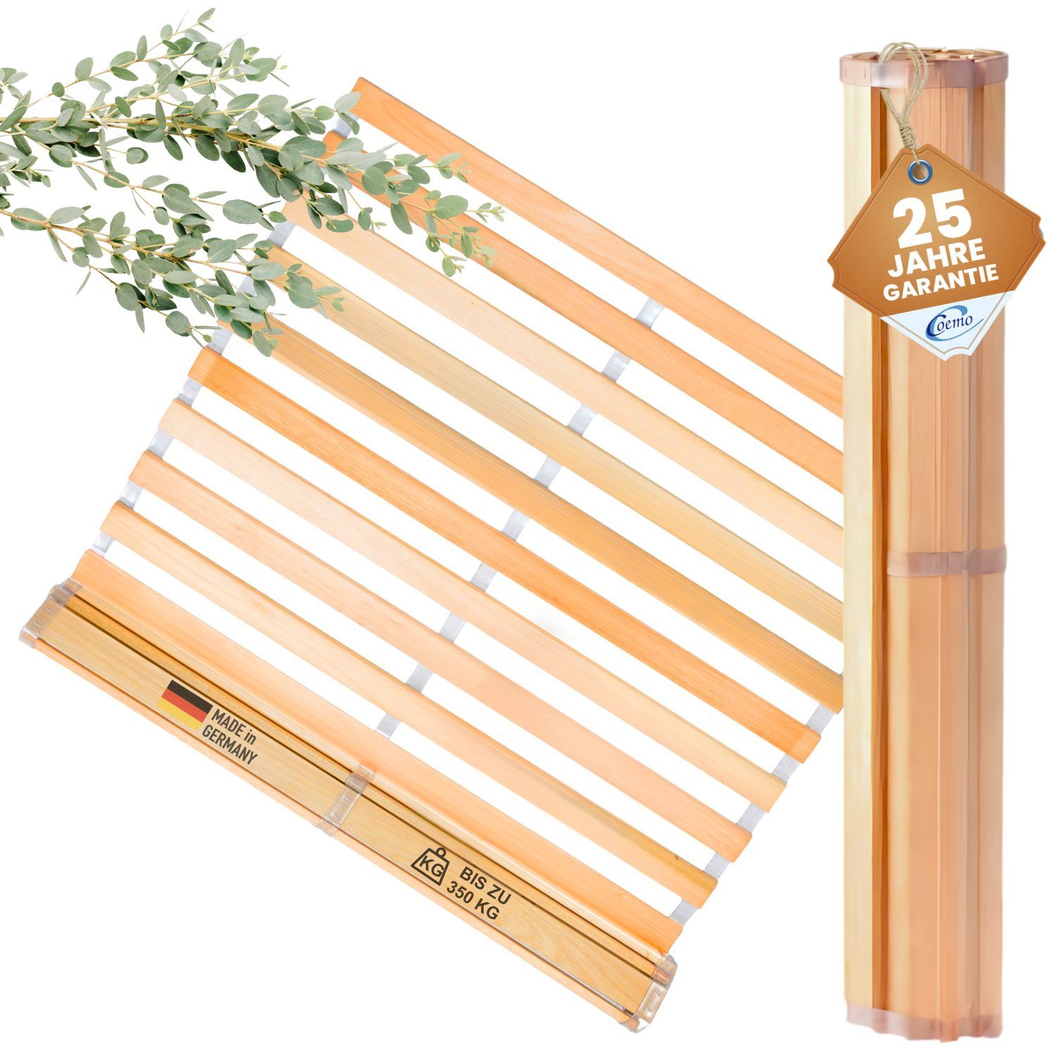 Coemo Premium Rollrost DELUXE Belastbar bis 350 kg – Ohne Montage & absolut rutschsicher - Made in Germany - Roll-Lattenrost Vollholz mit Abstandshaltern