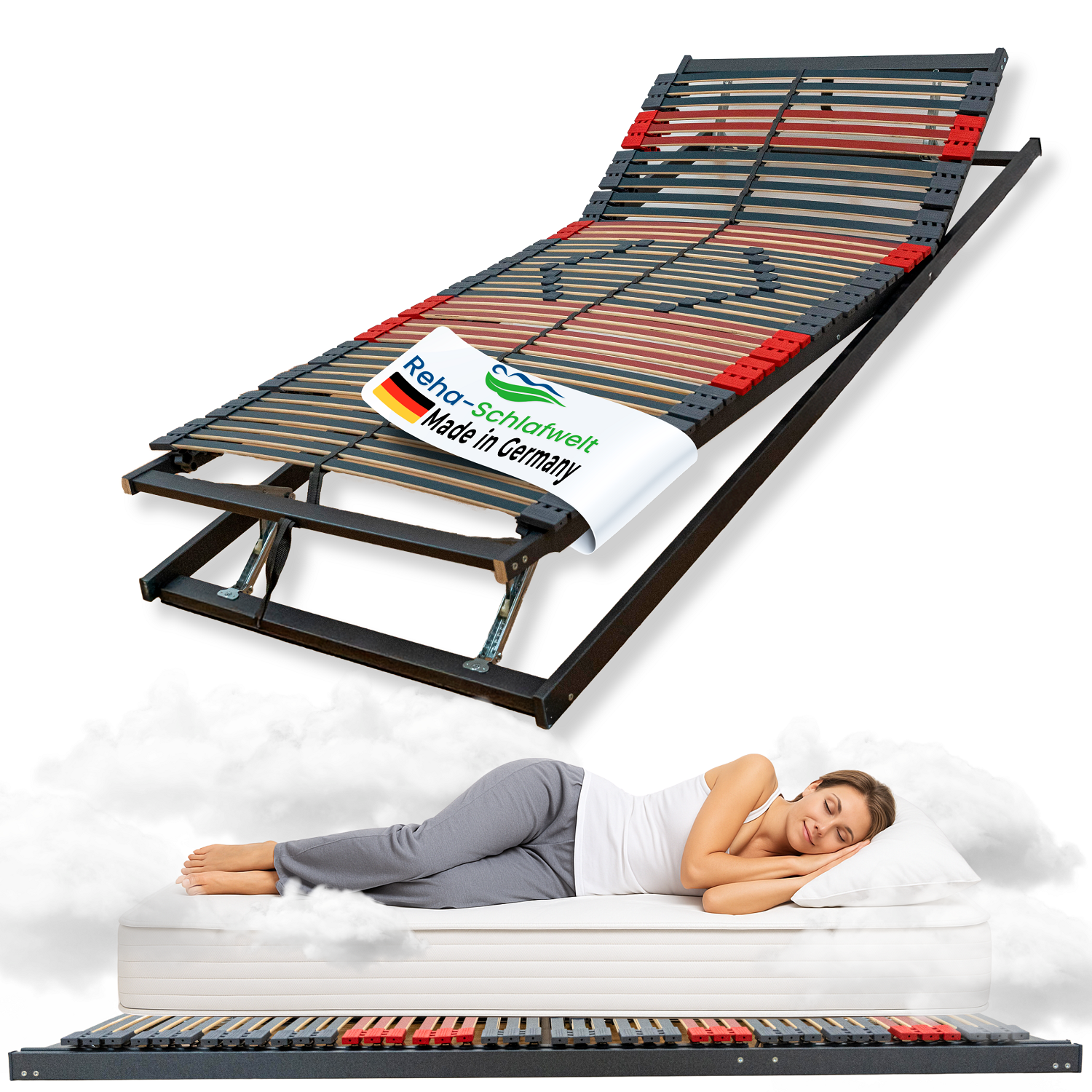 Reha-Schlafwelt 7 Zonen Lattenrost RELAXANA KF komplett montiert, Kopf- & Fußteil verstellbar, 42 Leisten, bis 200 kg belastbar, mit Mittelgurt