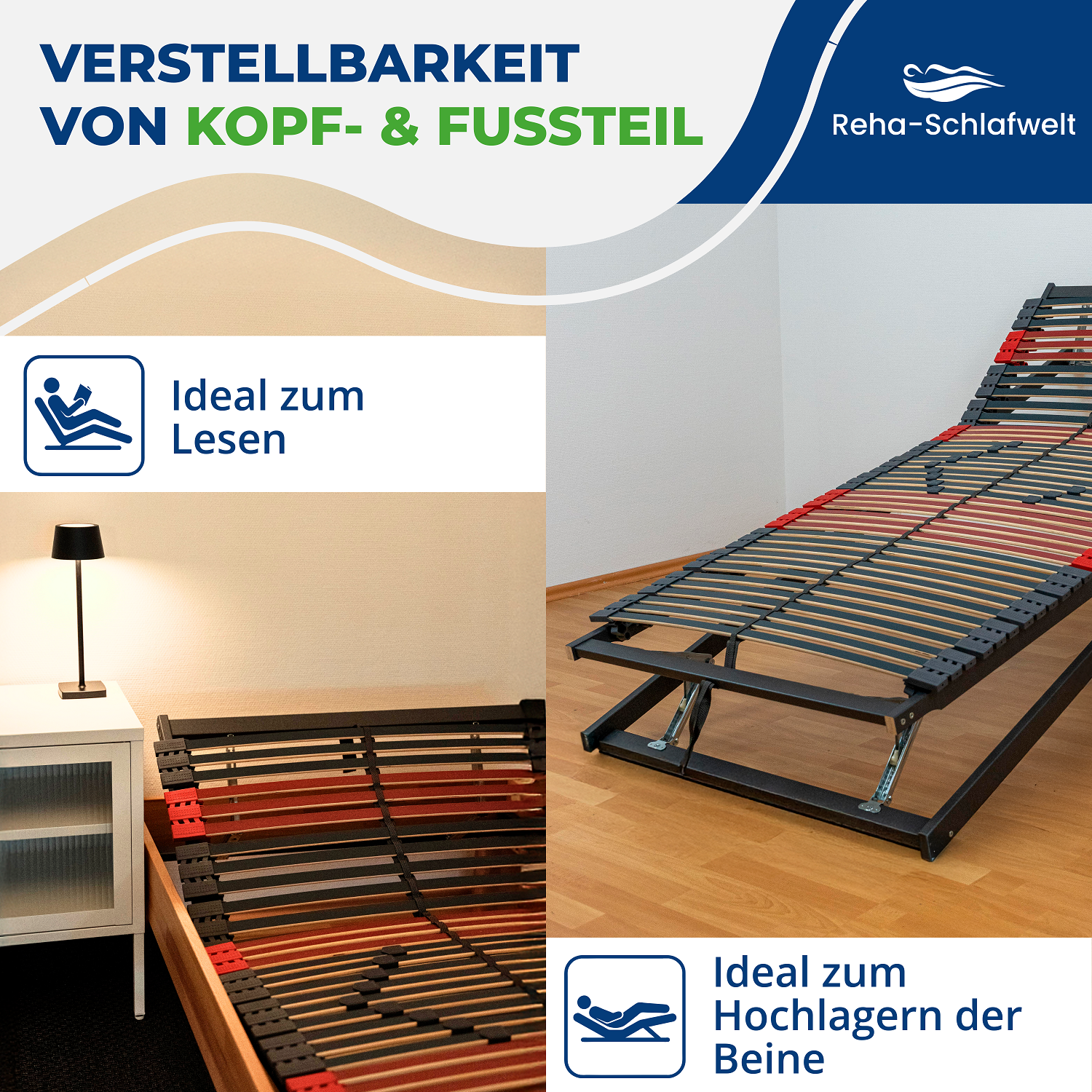Reha-Schlafwelt 7 Zonen Lattenrost RELAXANA KF komplett montiert, Kopf- & Fußteil verstellbar, 42 Leisten, bis 200 kg belastbar, mit Mittelgurt