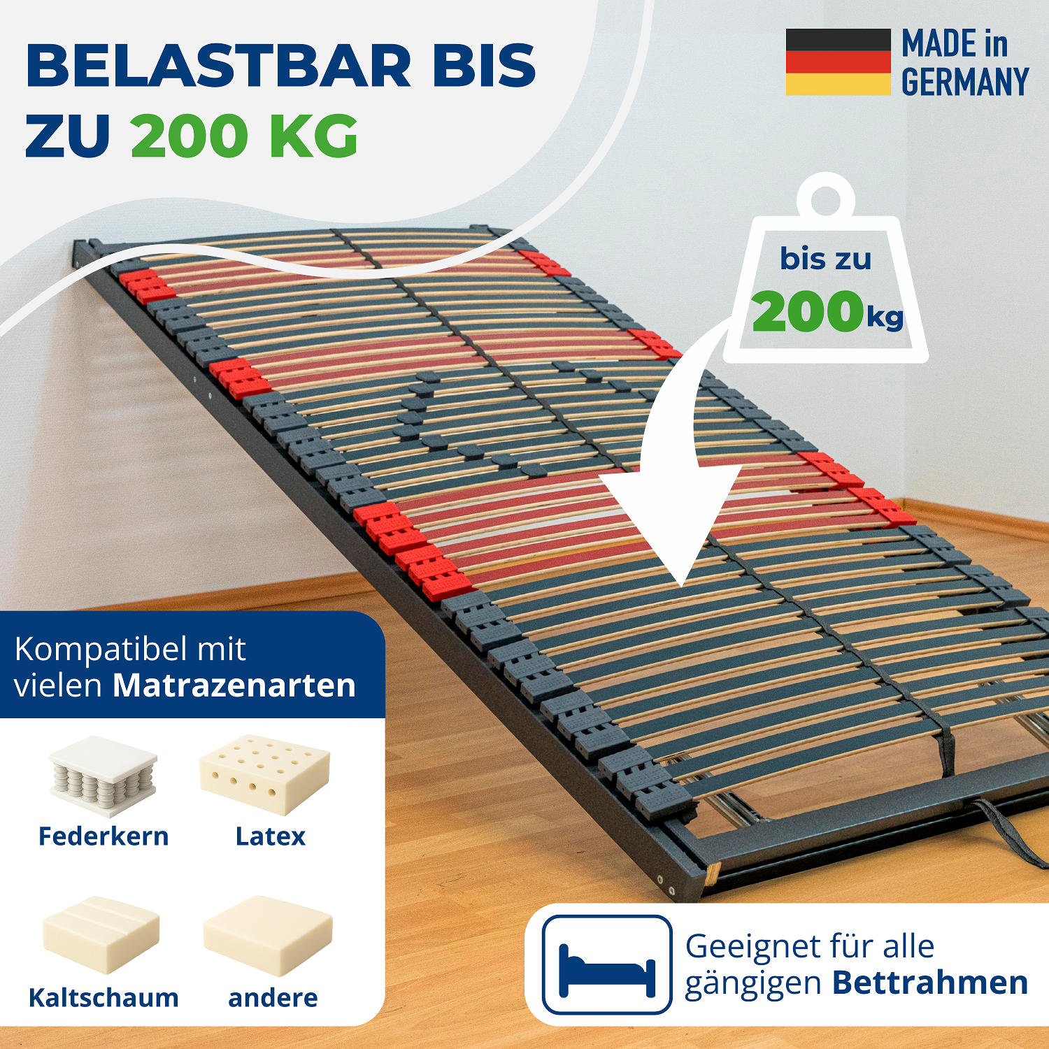 Reha-Schlafwelt 7 Zonen Lattenrost RELAXANA KF komplett montiert, Kopf- & Fußteil verstellbar, 42 Leisten, bis 200 kg belastbar, mit Mittelgurt