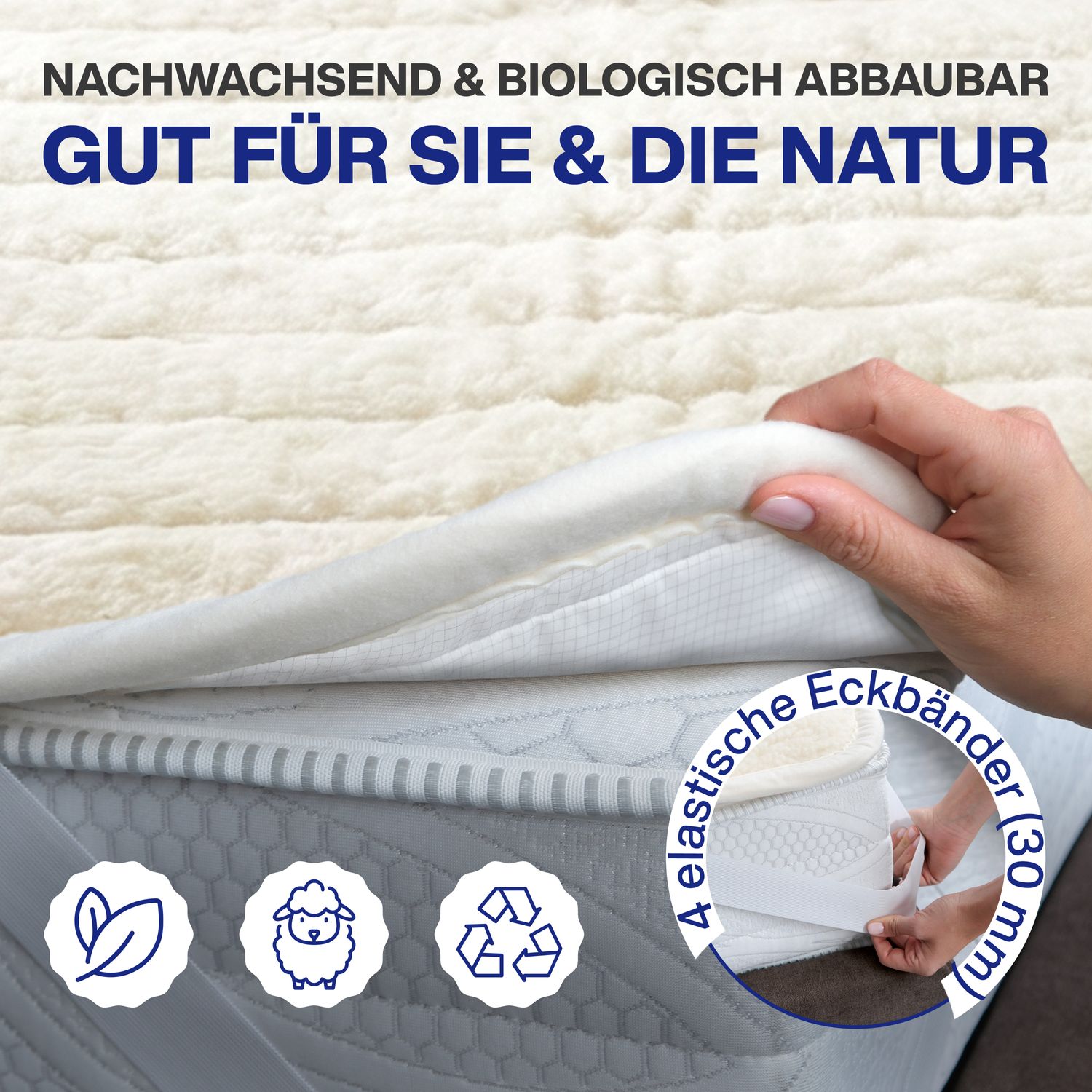 Matratzenauflage Lammwolle Matratzenbezug Lammwolle + Lammwolle mit Gummizug 500g/m² doppellagiger Matratzenbezug aus Lammwolle mit Rand