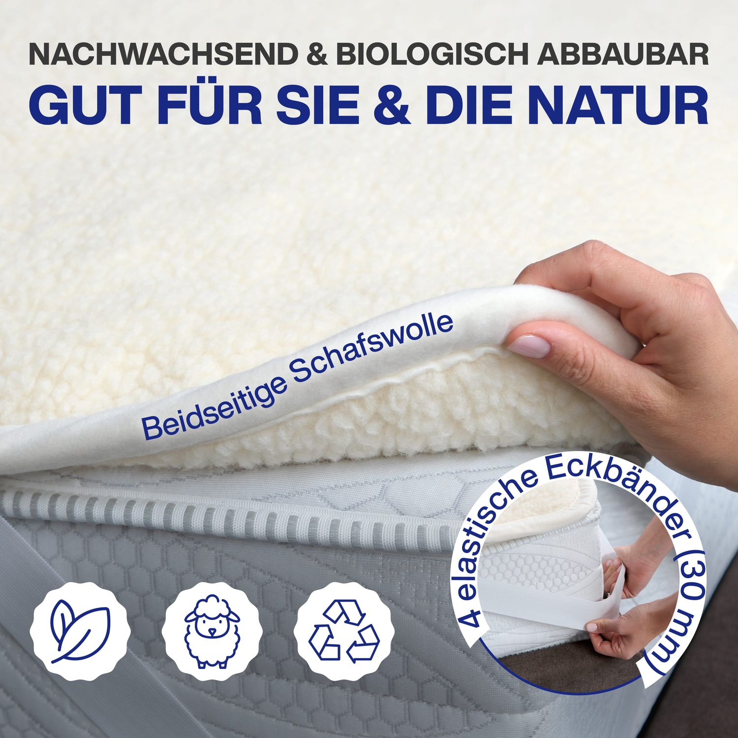 Matratzenauflage Lammwolle Matratzenbezug Lammwolle + Lammwolle mit Gummizug 500g/m² doppellagiger Matratzenbezug aus Lammwolle mit Rand