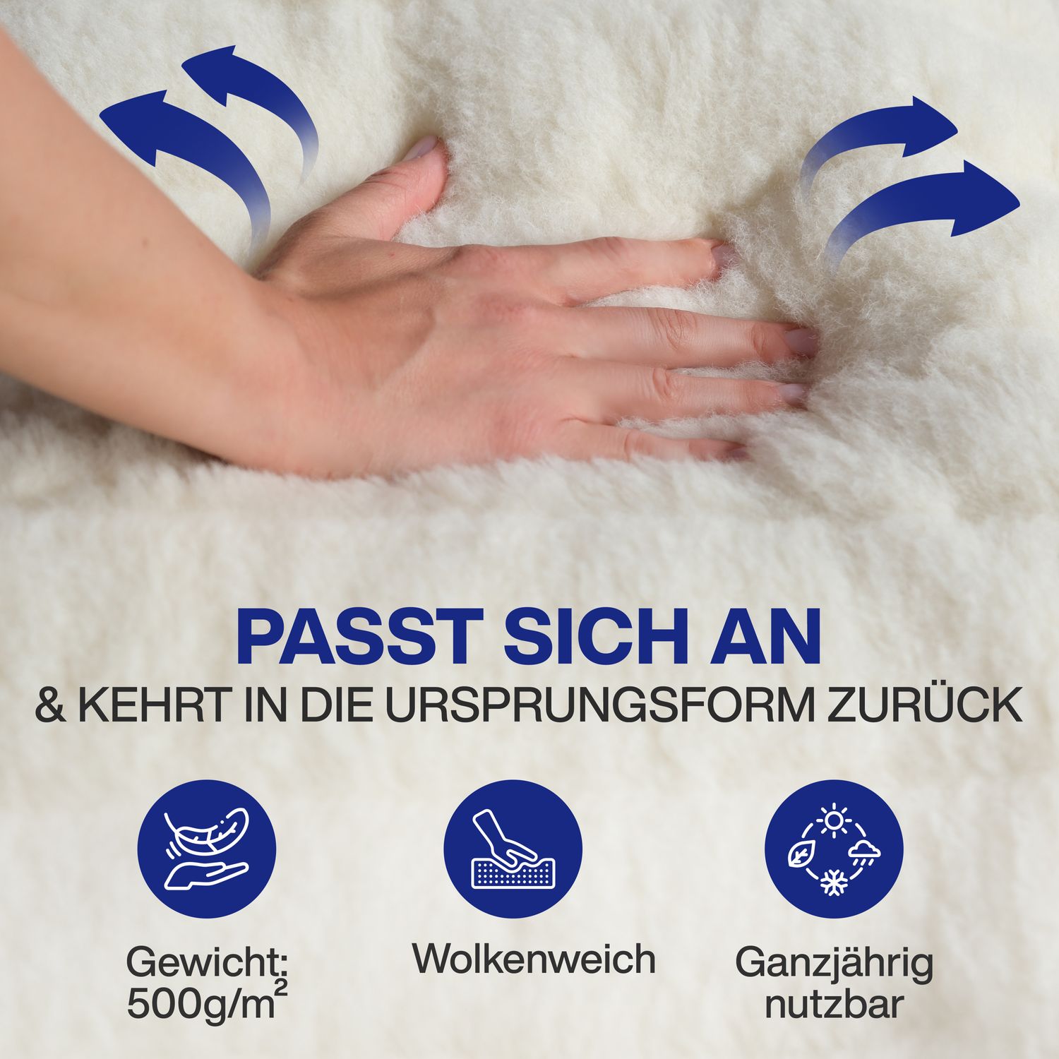 Matratzenauflage Wolle + Biokeramik-Polsterung, Streifensteppung + leitfähiges Gewebe und 4 x 30 mm Gummiband an den Ecken, verpackt in neutraler Tasche