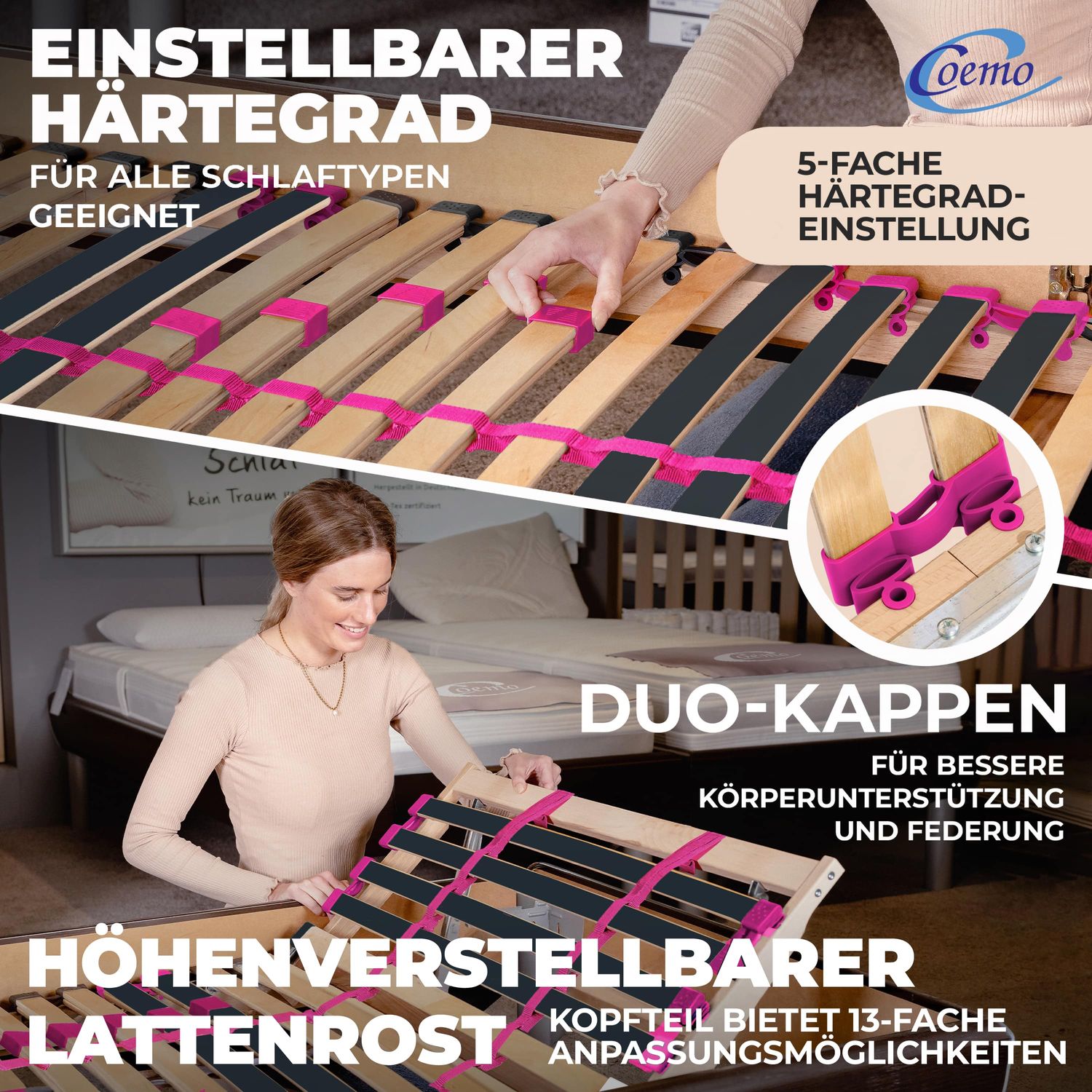 Coemo Lattenrost "PINK DREAM" Härtegrad verstellbar 28 Leisten 7-Zonen