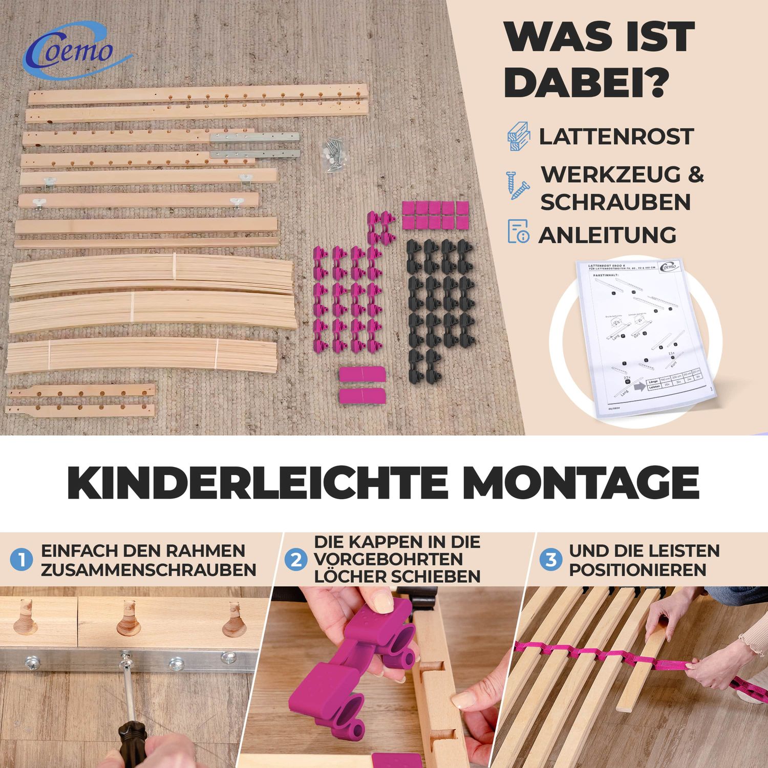 Coemo Lattenrost "PINK DREAM" Härtegrad verstellbar 28 Leisten 7-Zonen