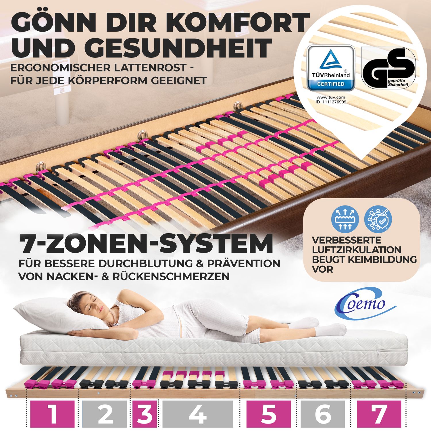 Coemo Lattenrost "PINK DREAM" Härtegrad verstellbar 28 Leisten 7-Zonen