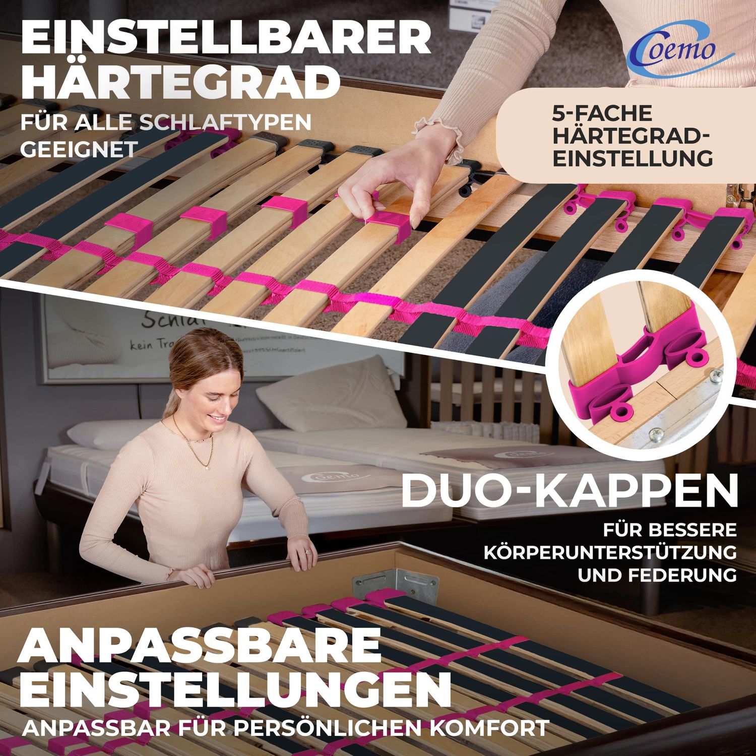 Coemo Lattenrost "PINK DREAM" Härtegrad verstellbar 28 Leisten 7-Zonen