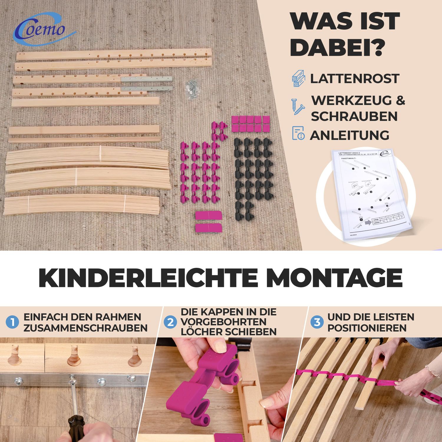 Coemo Lattenrost "PINK DREAM" Härtegrad verstellbar 28 Leisten 7-Zonen