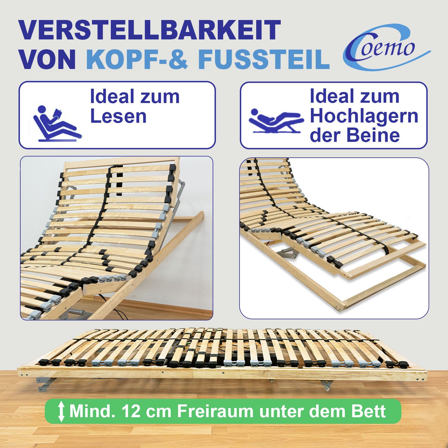 Coemo Lattenrost mit Motor ERGO Kopf- und Fußteil elektrisch verstellbar, 28 Latten, Bausatz 7 Zonen