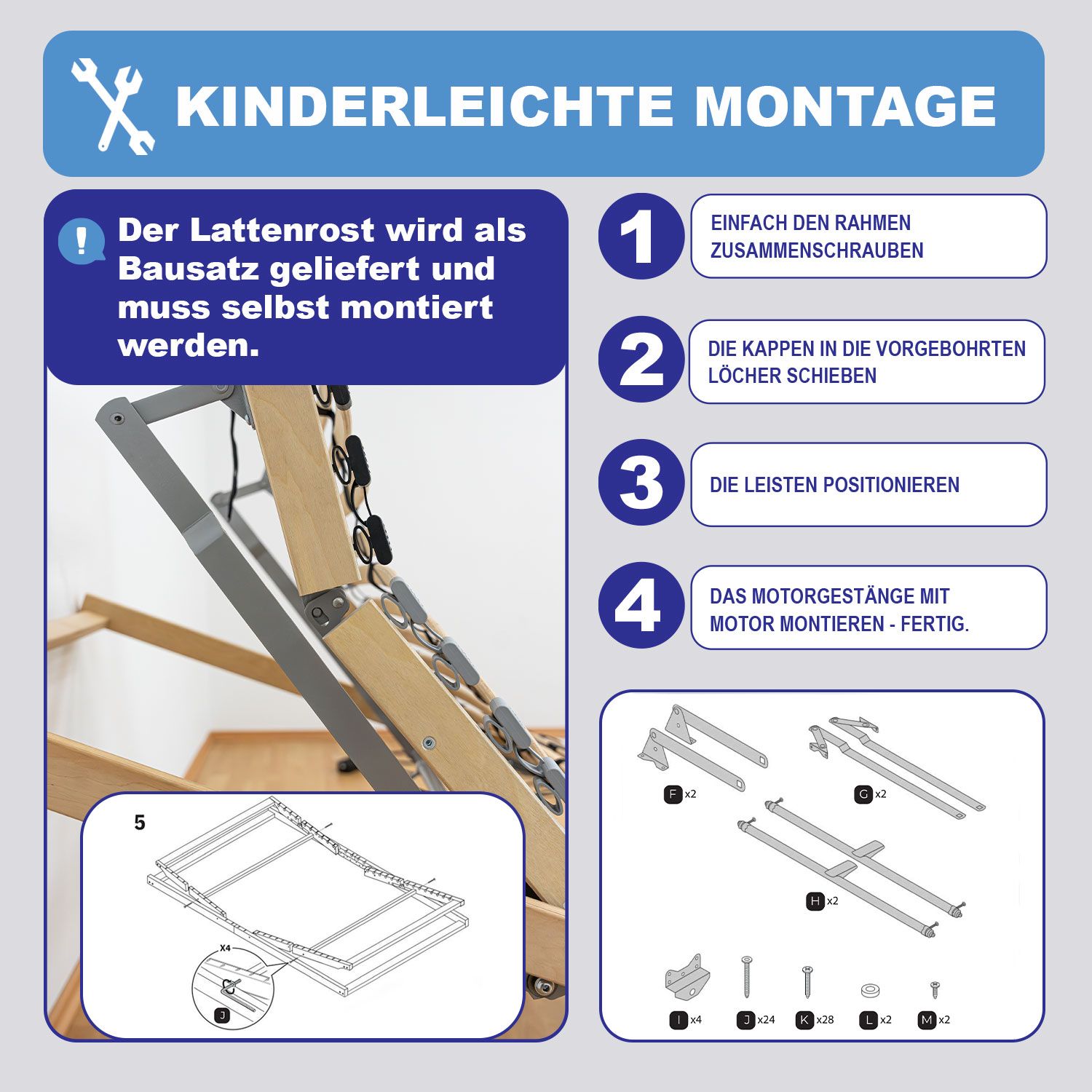 Coemo Lattenrost mit Motor ERGO Kopf- und Fußteil elektrisch verstellbar, 28 Latten, Bausatz 7 Zonen