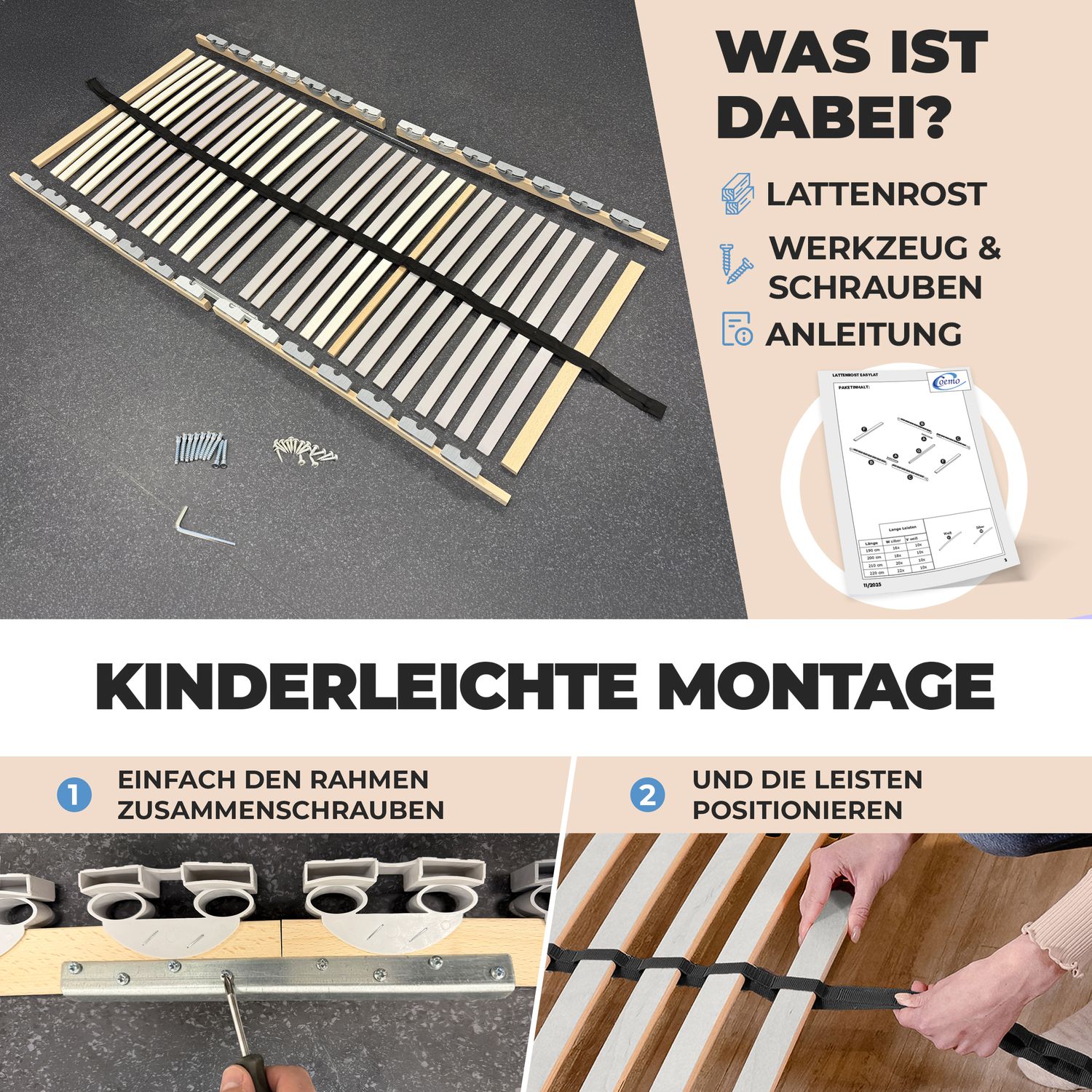 Coemo Lattenrost EasyLat starr mit Mittelgurt 28 Leisten & 5 Zonen