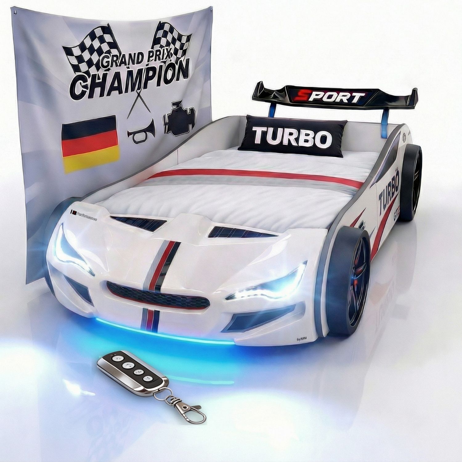 Autobett GTE Kinderbett 90 x 200 im Rennwagen Design mit Lattenrost, Licht & Motorengeräusche