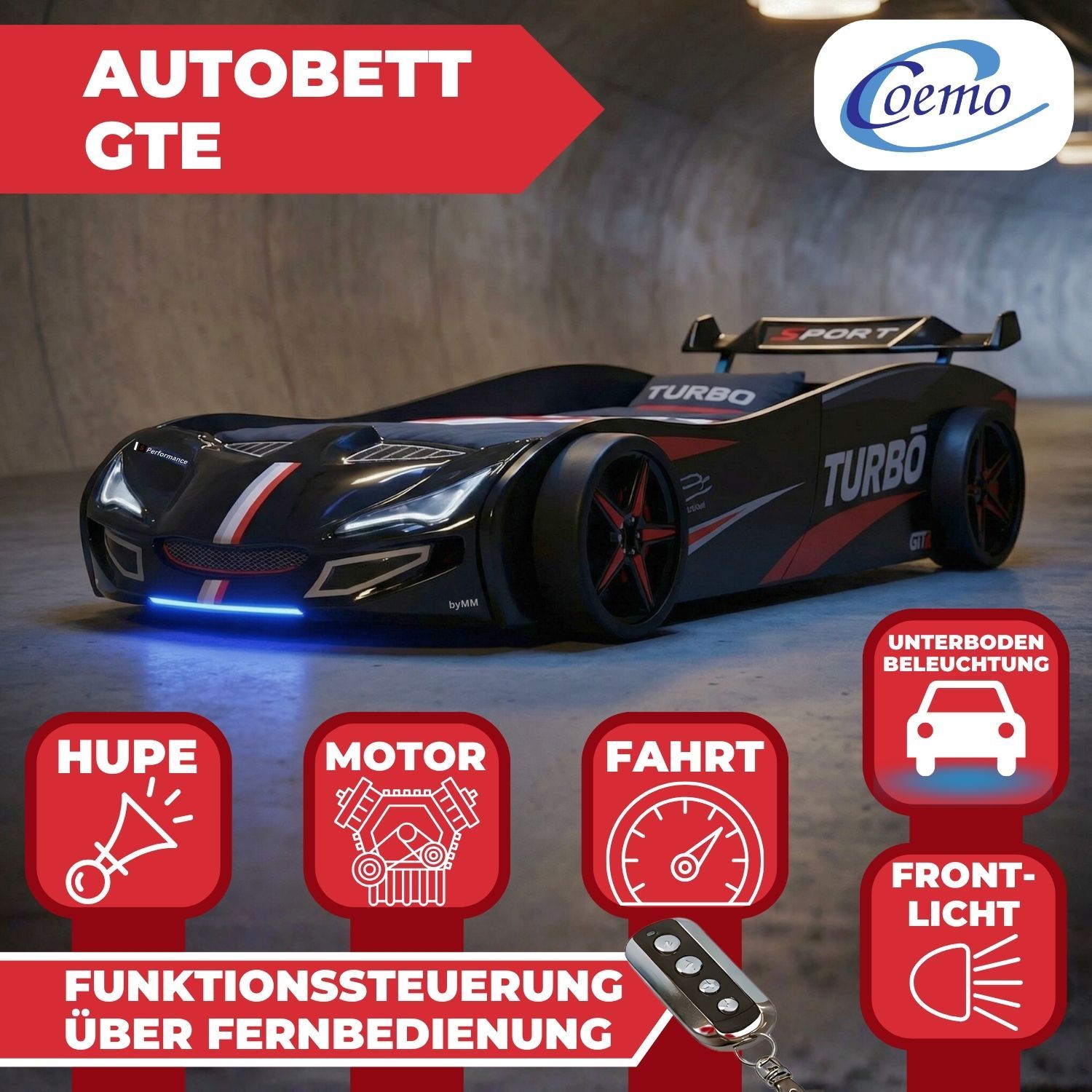 Autobett GTE Kinderbett 90 x 200 im Rennwagen Design mit Lattenrost, Licht & Motorengeräuschen