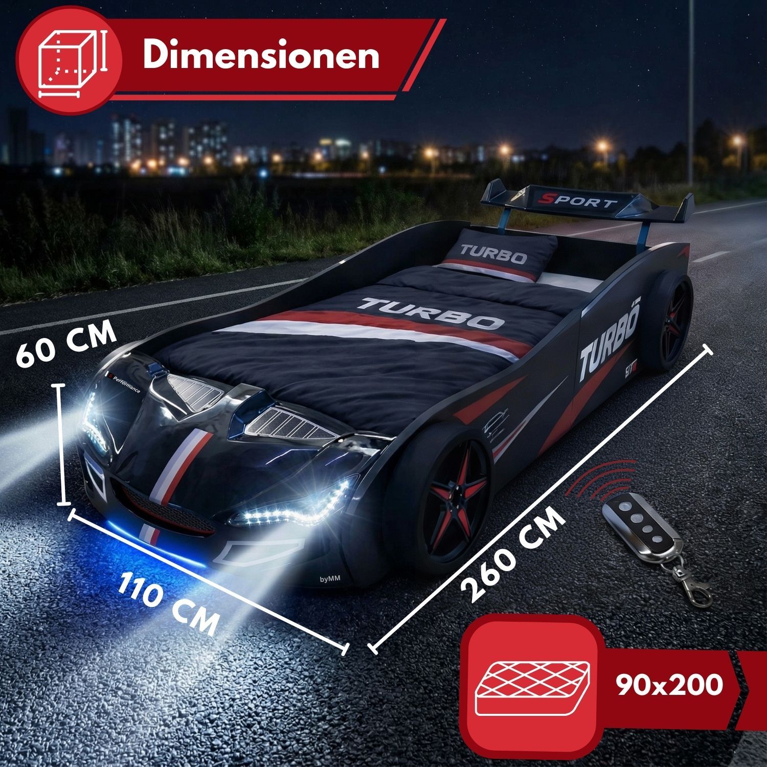 Autobett GTE Kinderbett 90 x 200 im Rennwagen Design mit Lattenrost, Licht & Motorengeräuschen