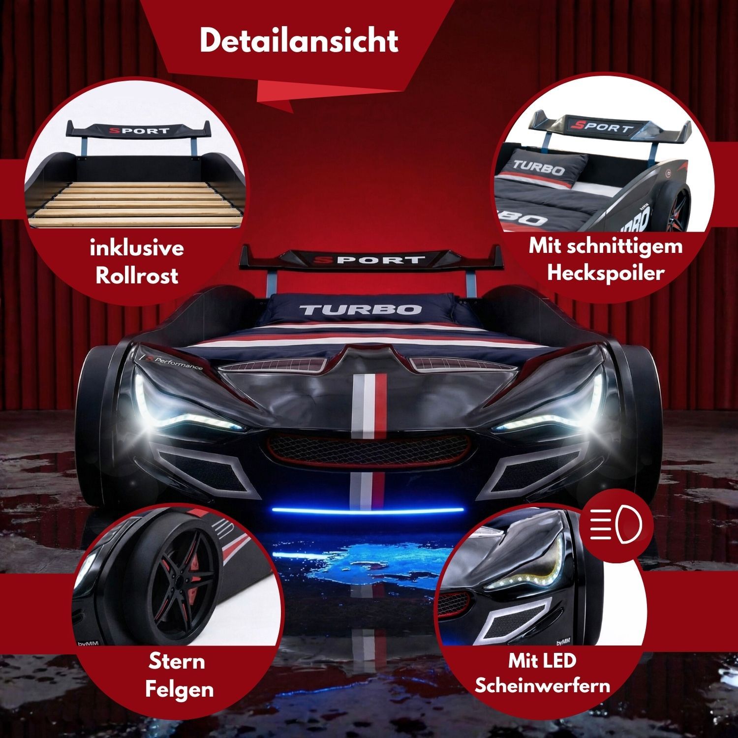 Autobett GTE Kinderbett 90 x 200 im Rennwagen Design mit Lattenrost, Licht & Motorengeräuschen