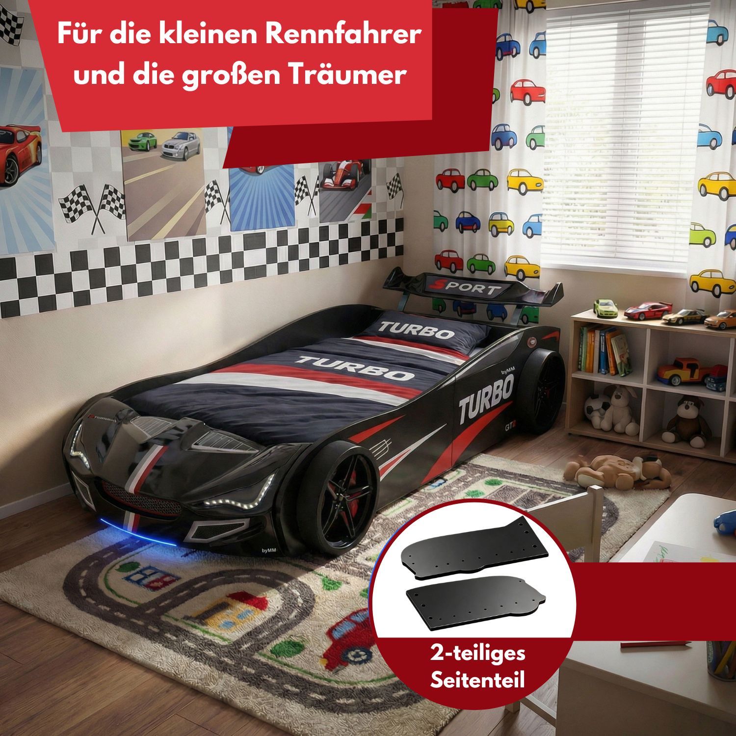 Autobett GTE Kinderbett 90 x 200 im Rennwagen Design mit Lattenrost, Licht & Motorengeräuschen