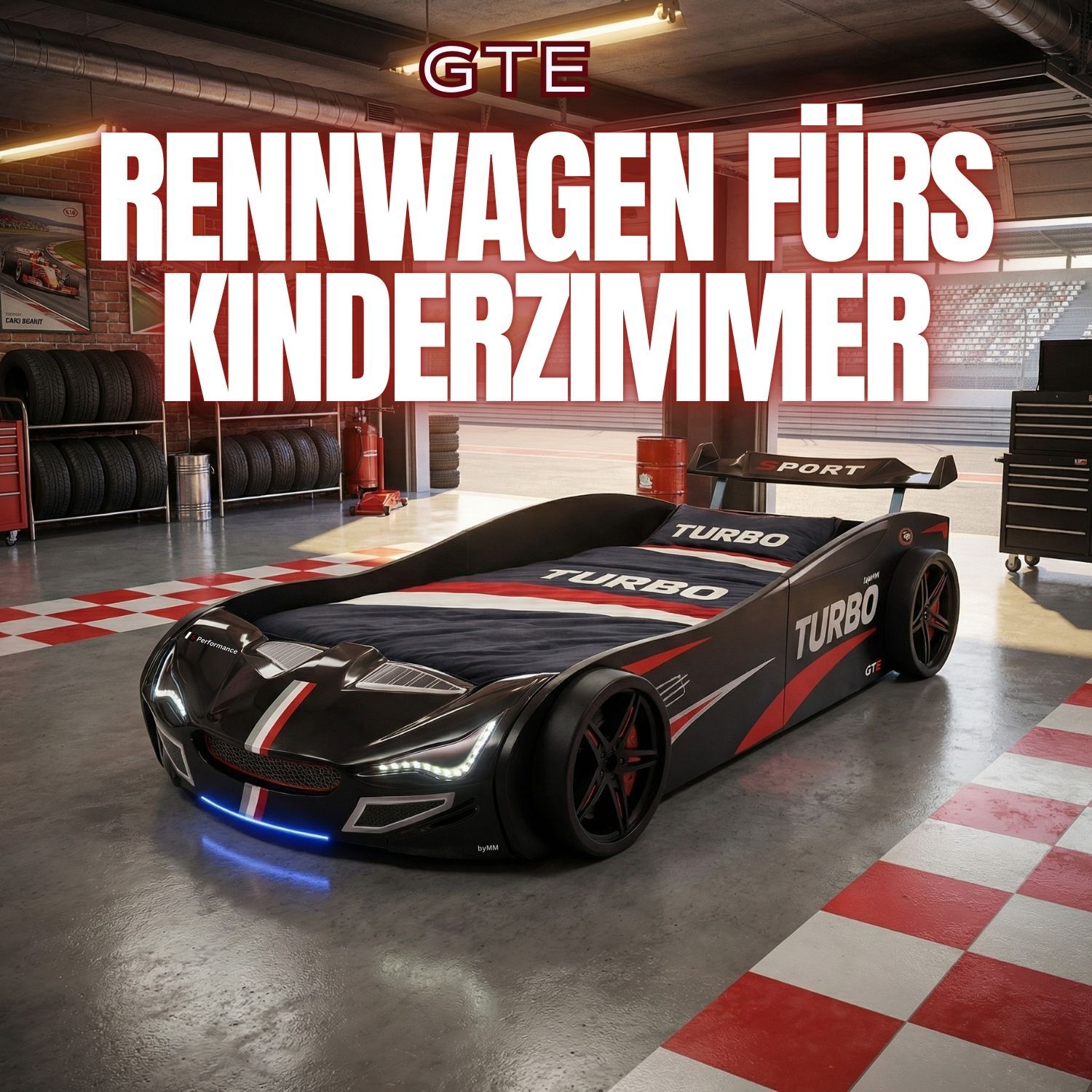 Autobett GTE Kinderbett 90 x 200 im Rennwagen Design mit Lattenrost, Licht & Motorengeräuschen