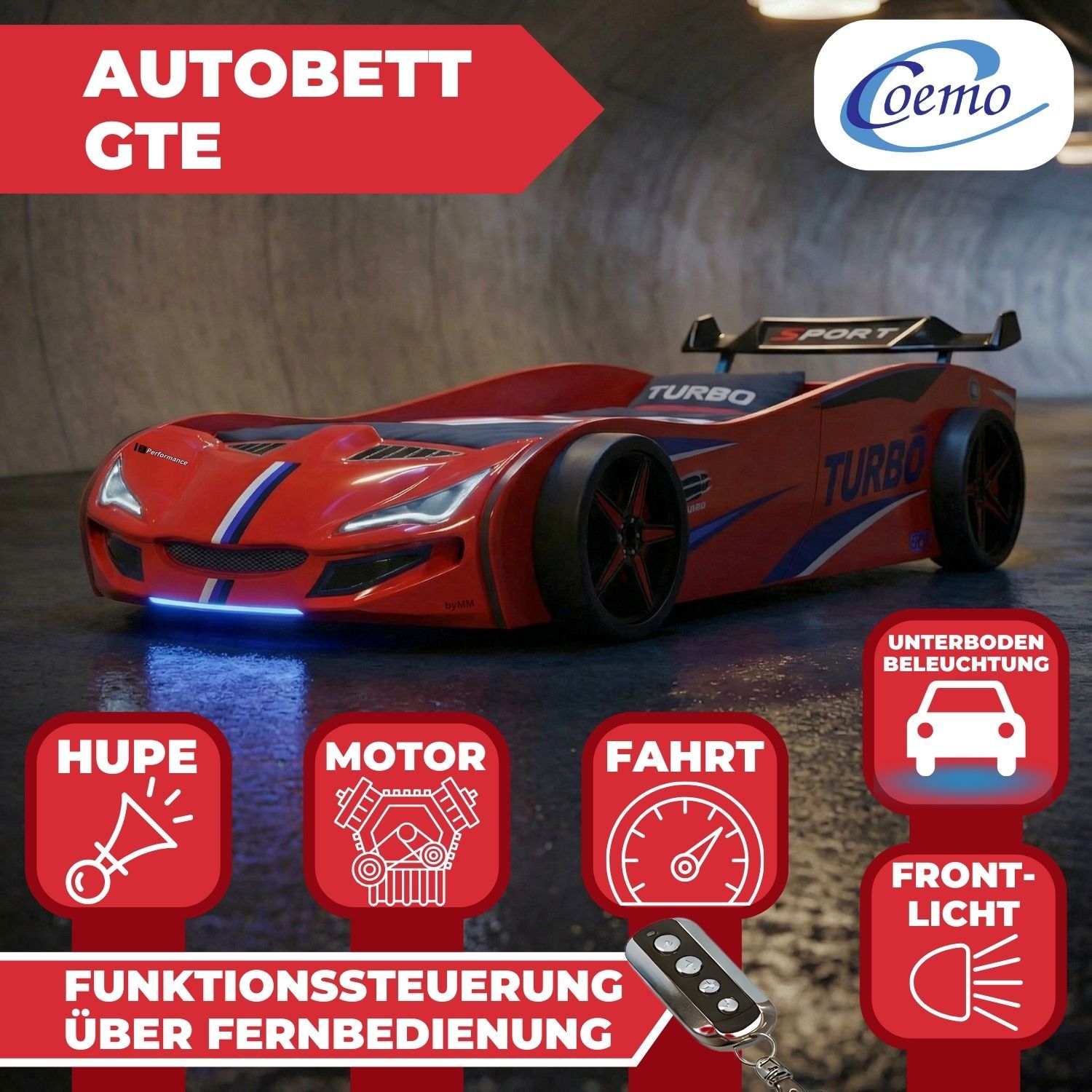 Autobett GTE Kinderbett 90 x 200 im Rennwagen Design mit Lattenrost, Licht & Motorengeräuschen