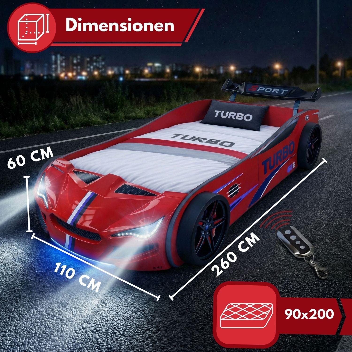 Autobett GTE Kinderbett 90 x 200 im Rennwagen Design mit Lattenrost, Licht & Motorengeräuschen