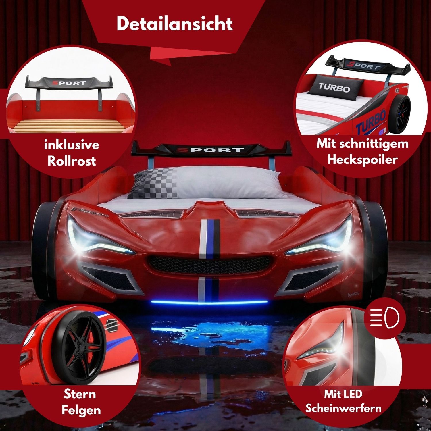 Autobett GTE Kinderbett 90 x 200 im Rennwagen Design mit Lattenrost, Licht & Motorengeräuschen