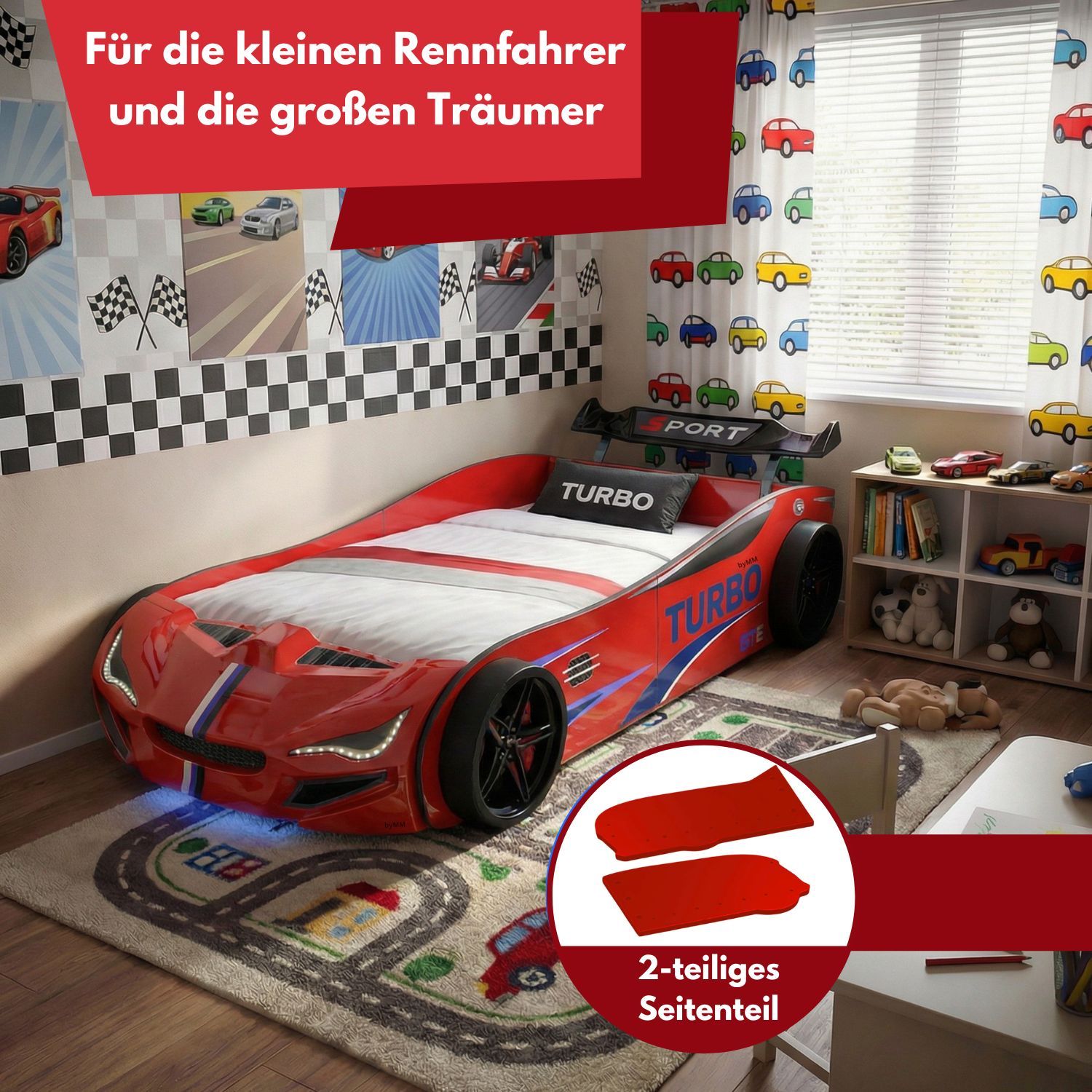 Autobett GTE Kinderbett 90 x 200 im Rennwagen Design mit Lattenrost, Licht & Motorengeräuschen
