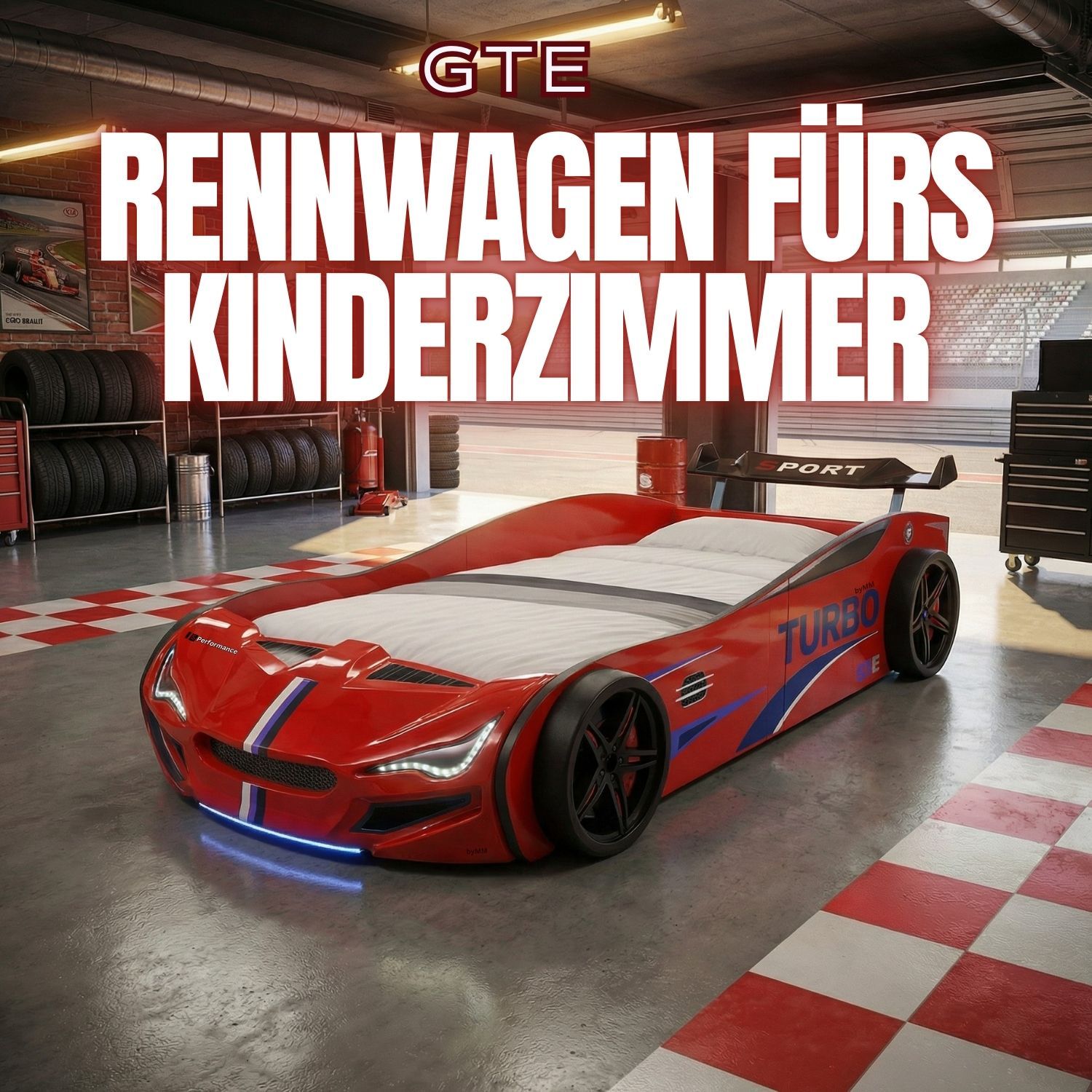 Autobett GTE Kinderbett 90 x 200 im Rennwagen Design mit Lattenrost, Licht & Motorengeräuschen