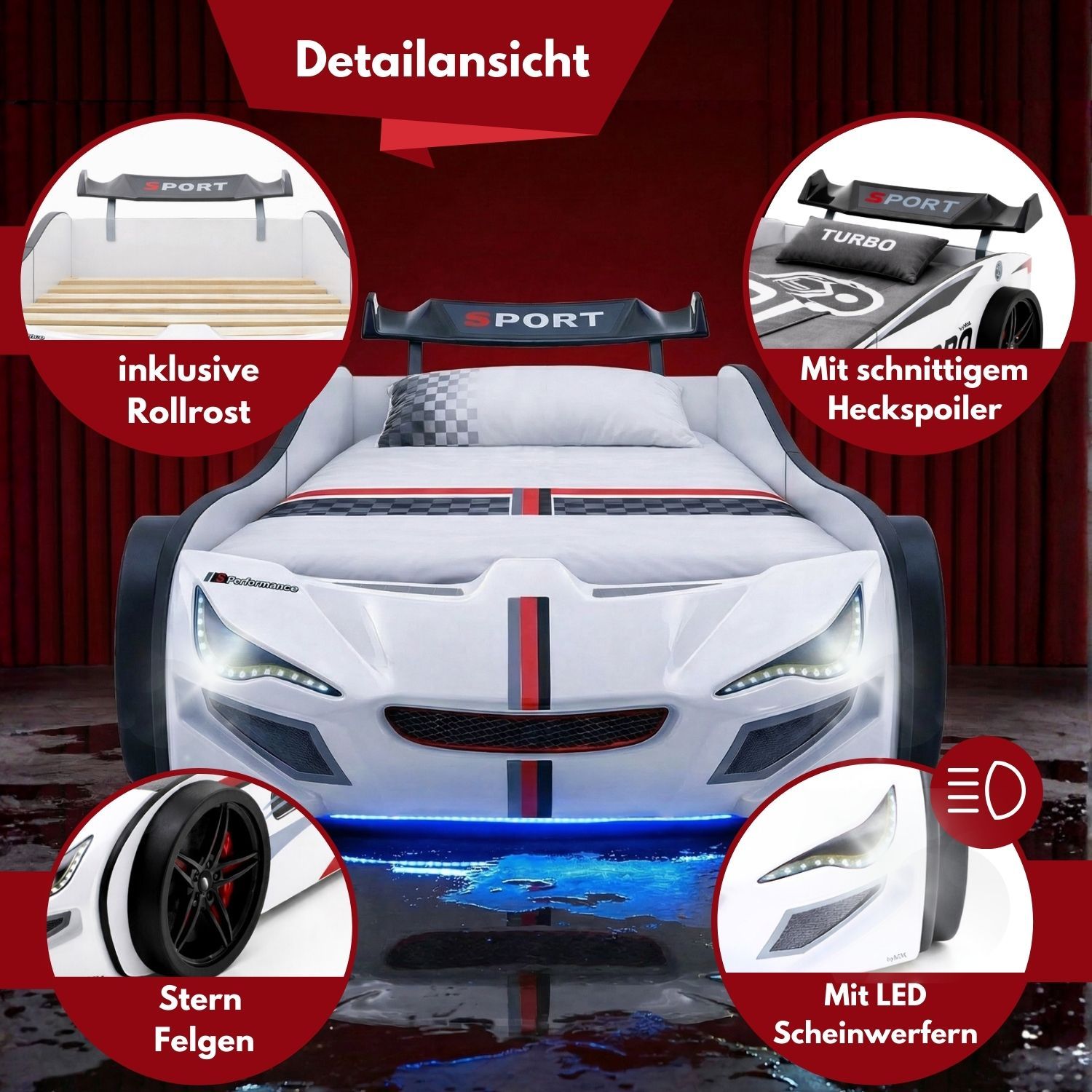 Autobett GTE Kinderbett 90 x 200 im Rennwagen Design mit Lattenrost, Licht & Motorengeräuschen