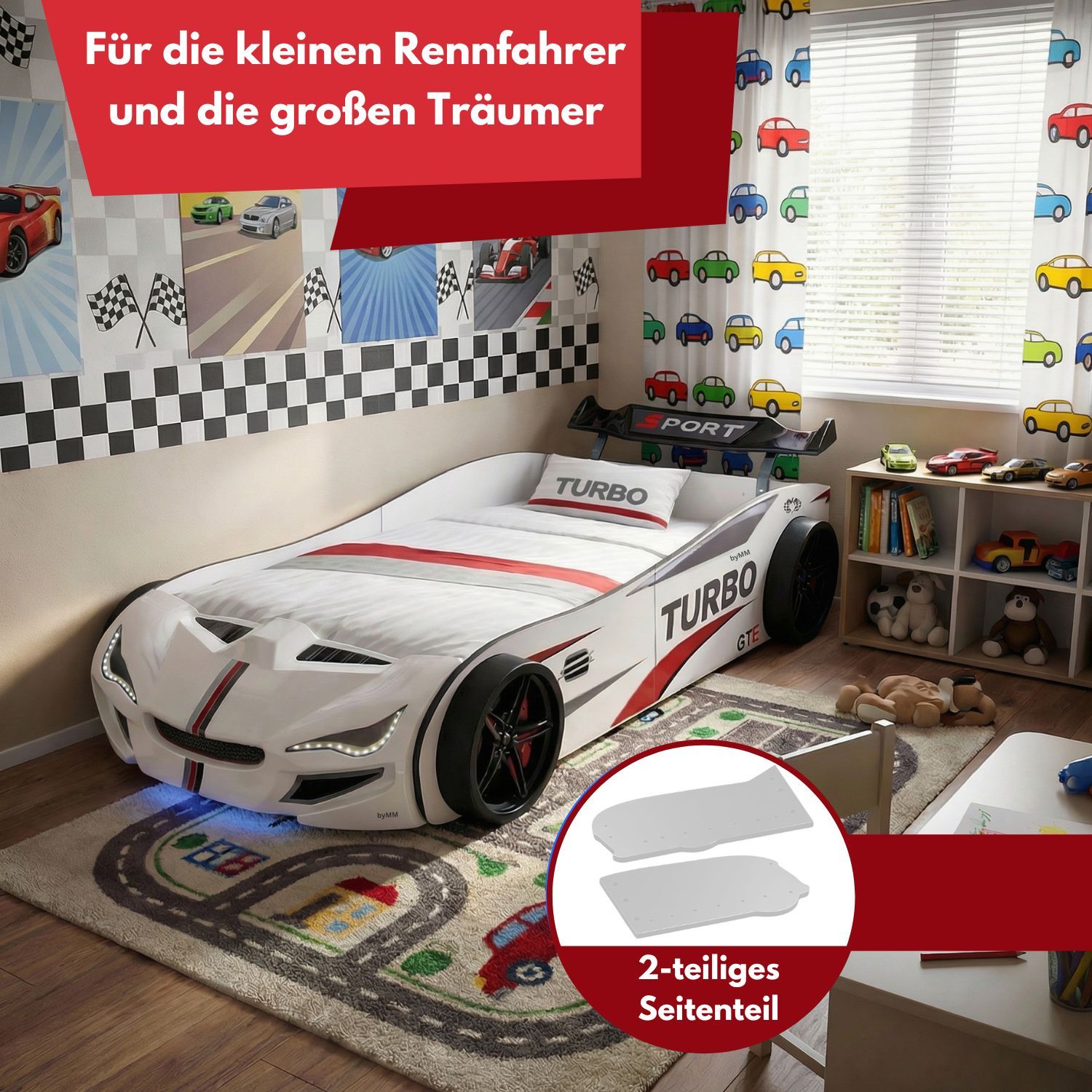 Autobett GTE Kinderbett 90 x 200 im Rennwagen Design mit Lattenrost, Licht & Motorengeräuschen