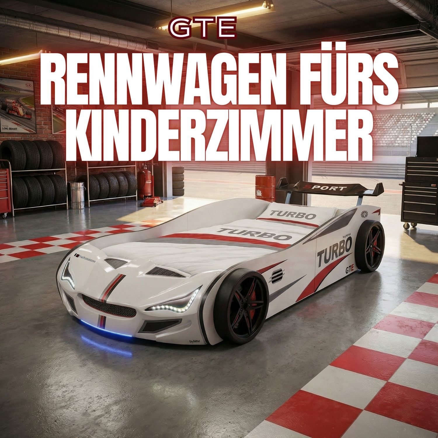 Autobett GTE Kinderbett 90 x 200 im Rennwagen Design mit Lattenrost, Licht & Motorengeräuschen