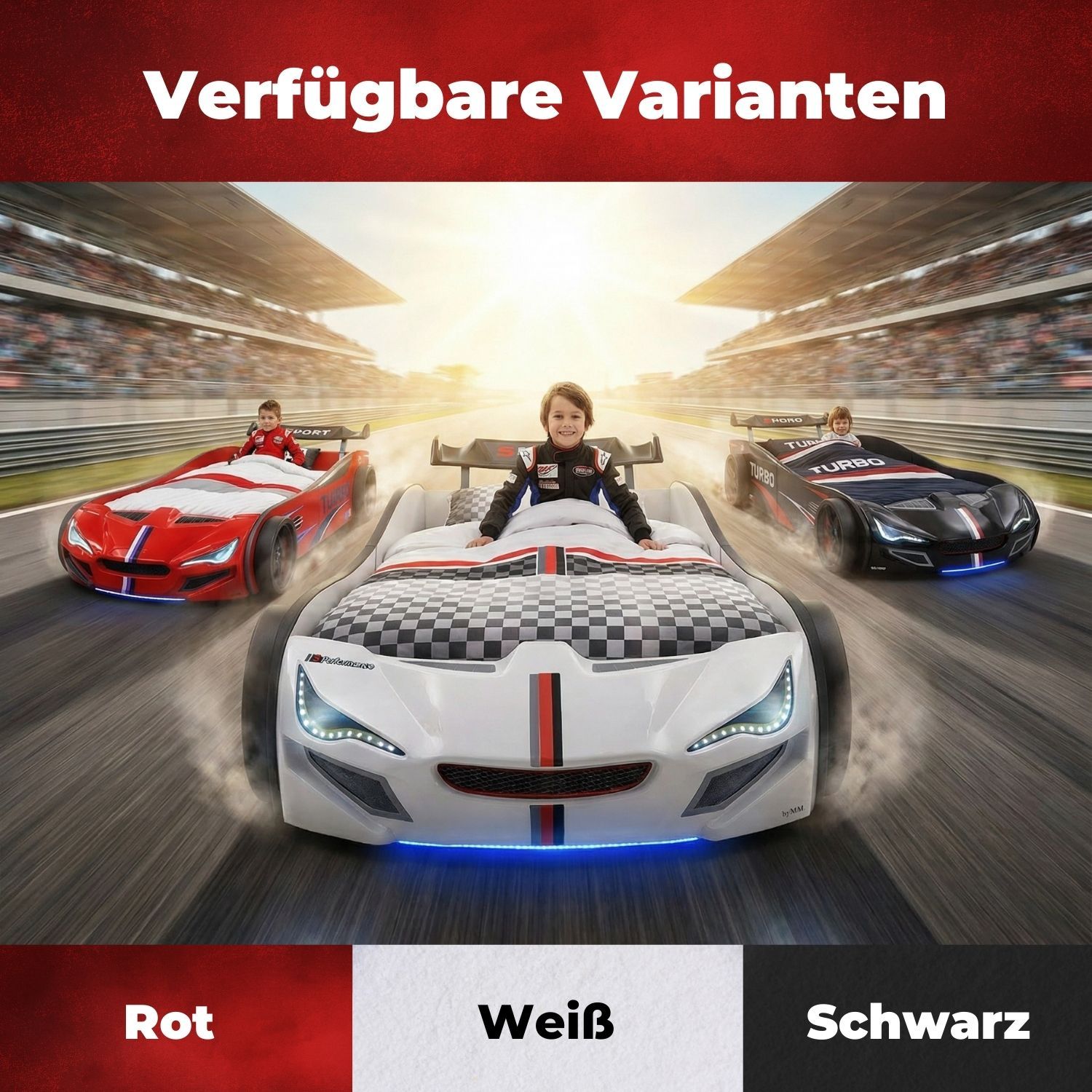 Autobett GTE Kinderbett 90 x 200 im Rennwagen Design mit Lattenrost, Licht & Motorengeräuschen