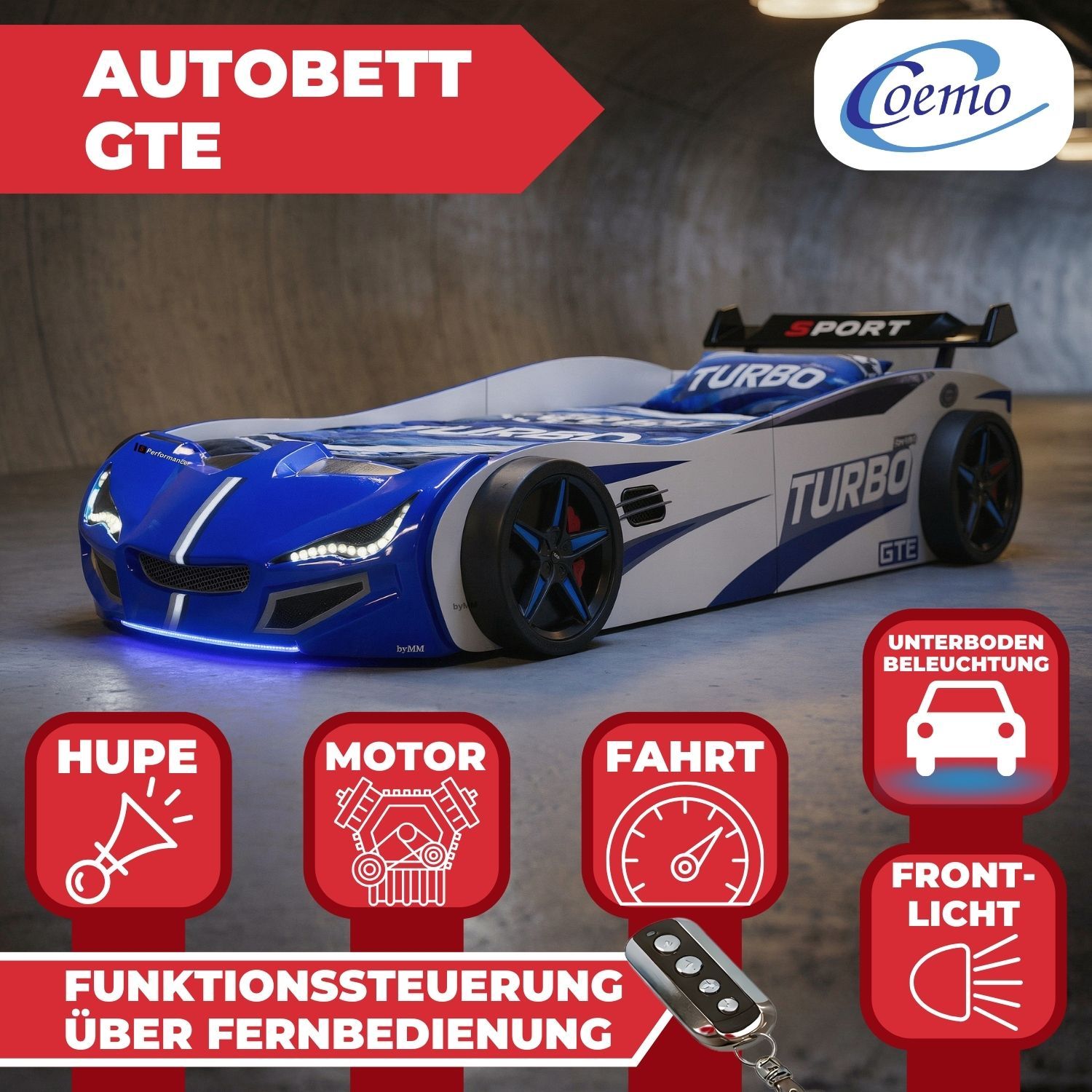 Autobett GTE Kinderbett 90 x 200 im Rennwagen Design mit Lattenrost, Licht & Motorengeräuschen