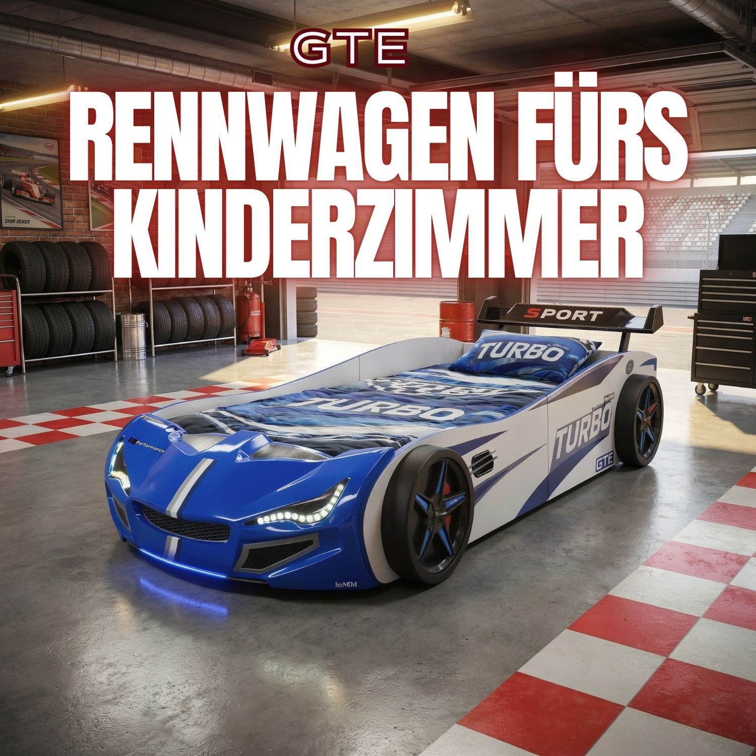 Autobett GTE Kinderbett 90 x 200 im Rennwagen Design mit Lattenrost, Licht & Motorengeräuschen