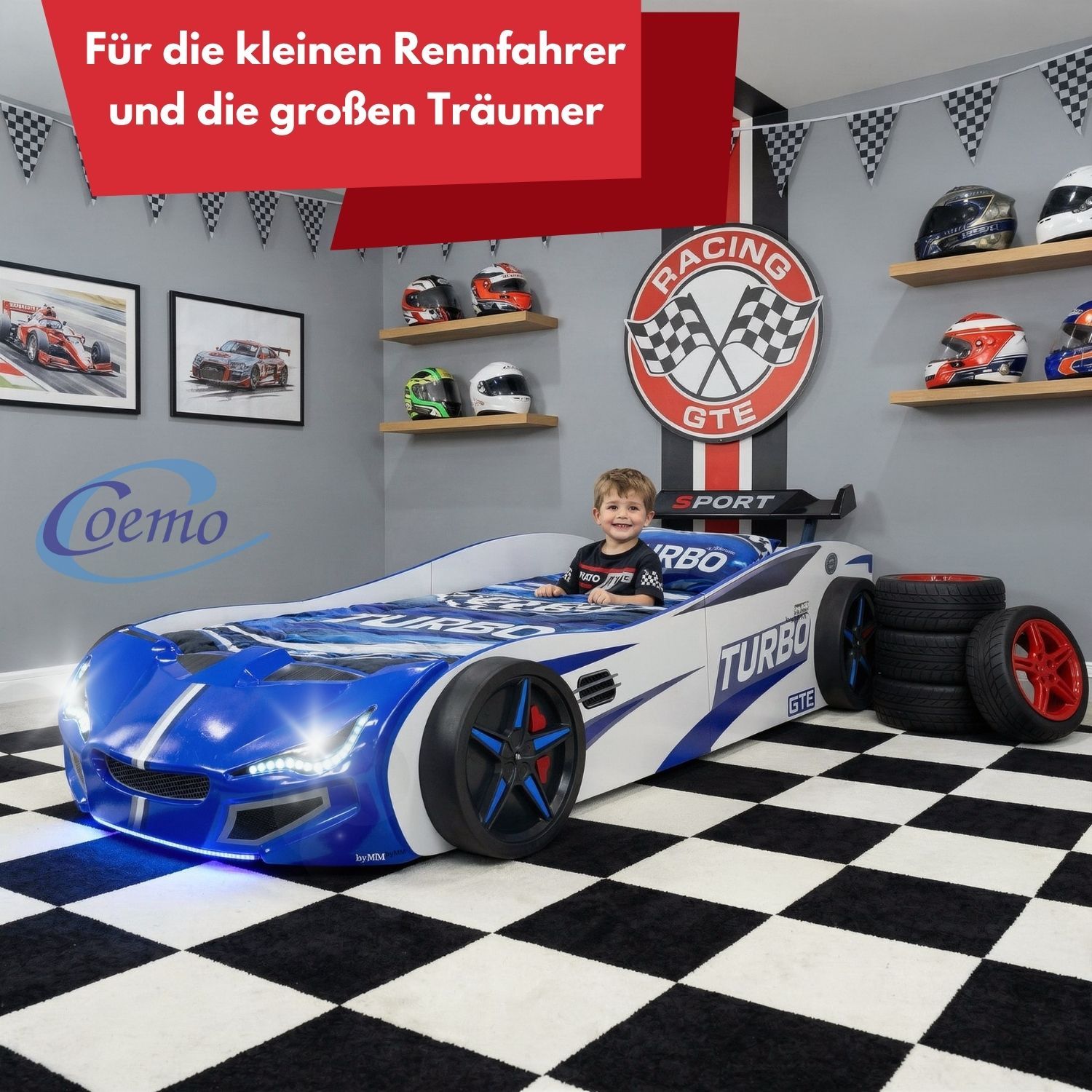 Autobett GTE Kinderbett 90 x 200 im Rennwagen Design mit Lattenrost, Licht & Motorengeräuschen